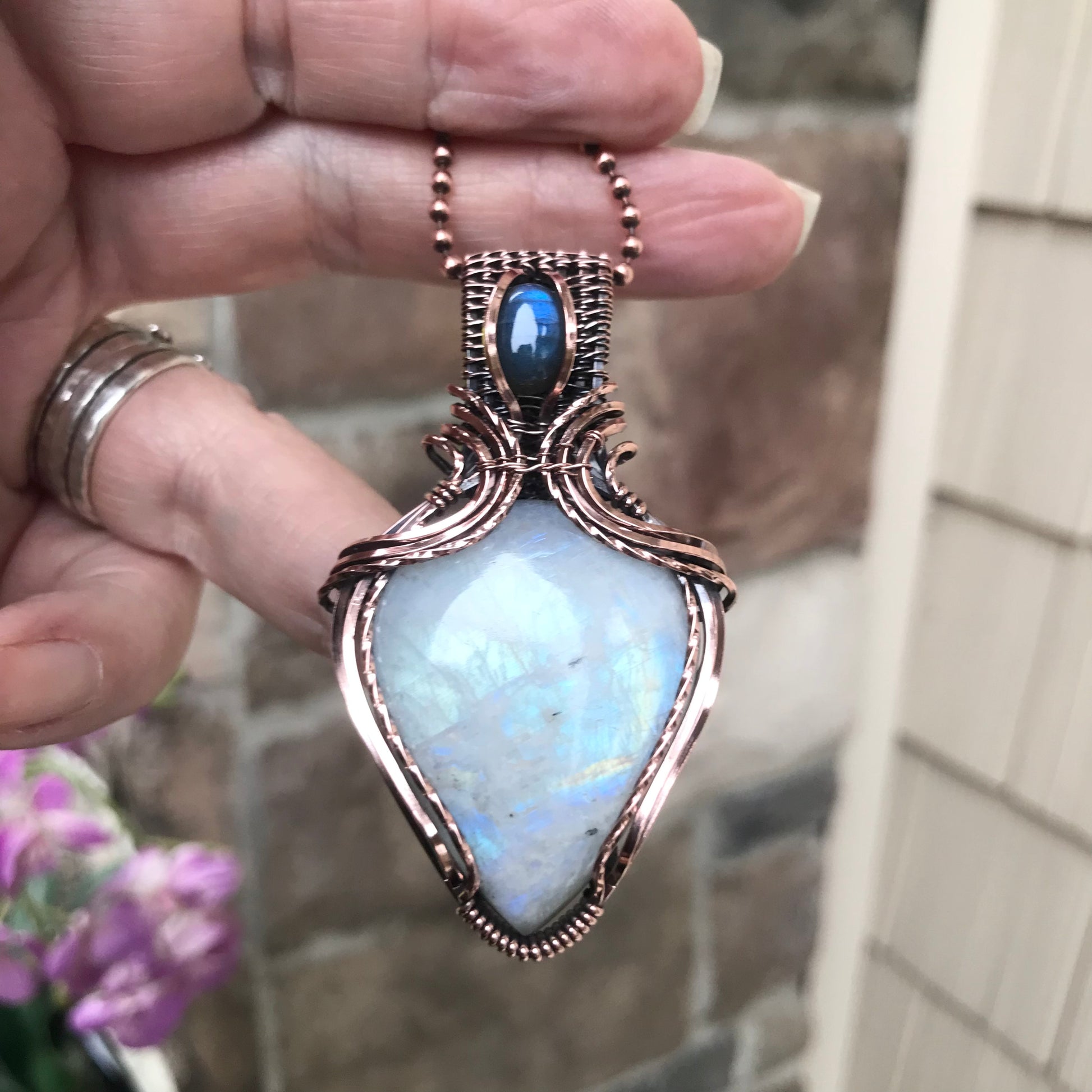 Moonstone & Blue Labradorite Copper Necklace with Weaving