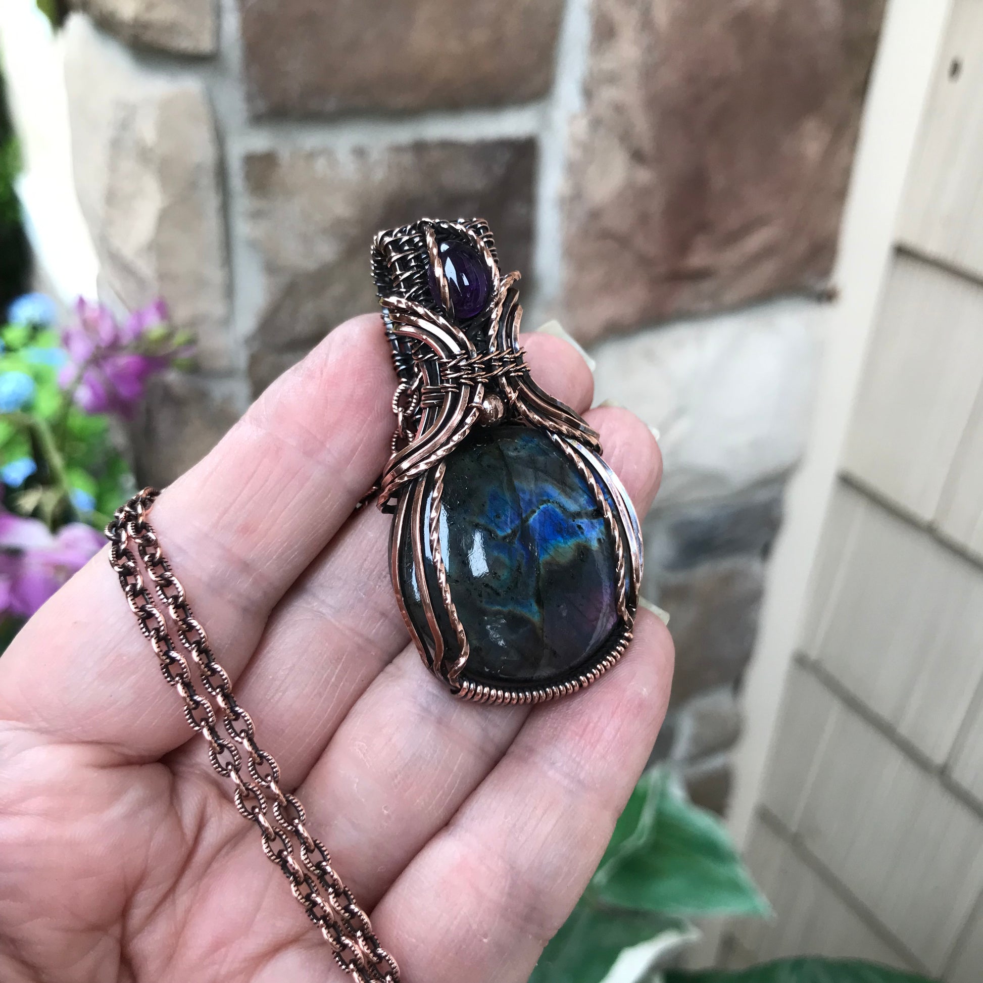 Purple Blue Labradorite & Amethyst Copper Necklace with Weaving