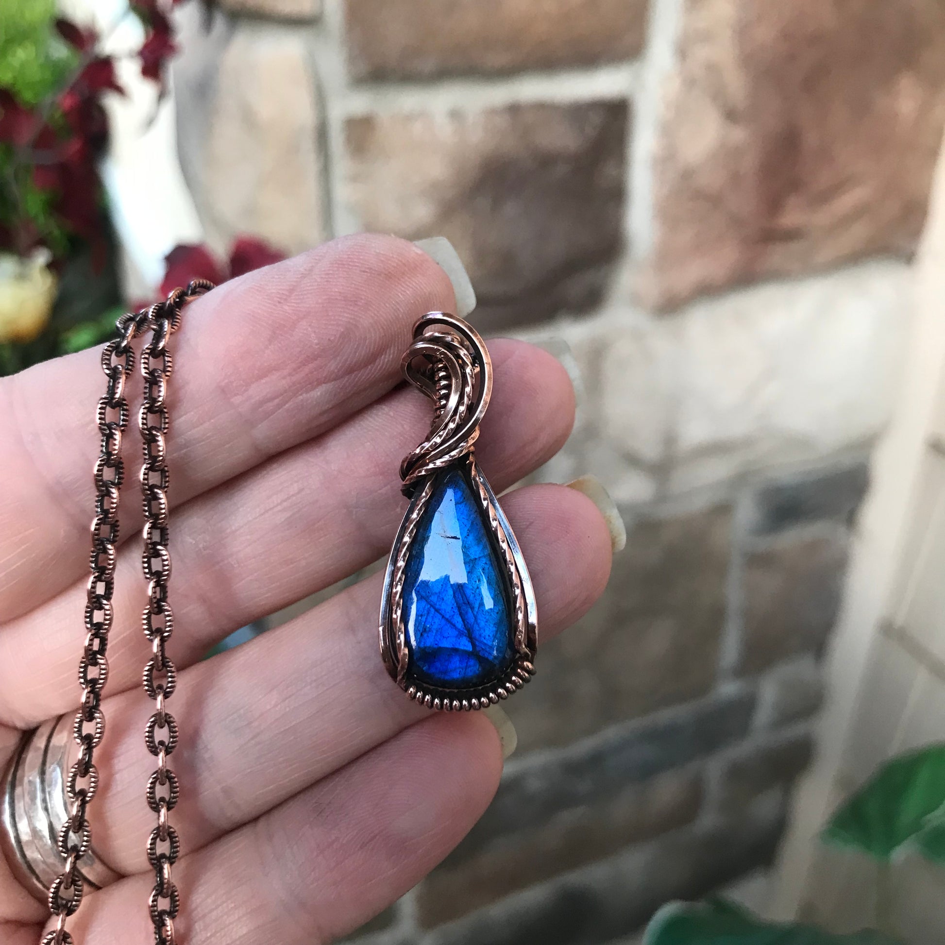 Blue small labradorite teardrop shape copper pendant by Moonlet Jewelry