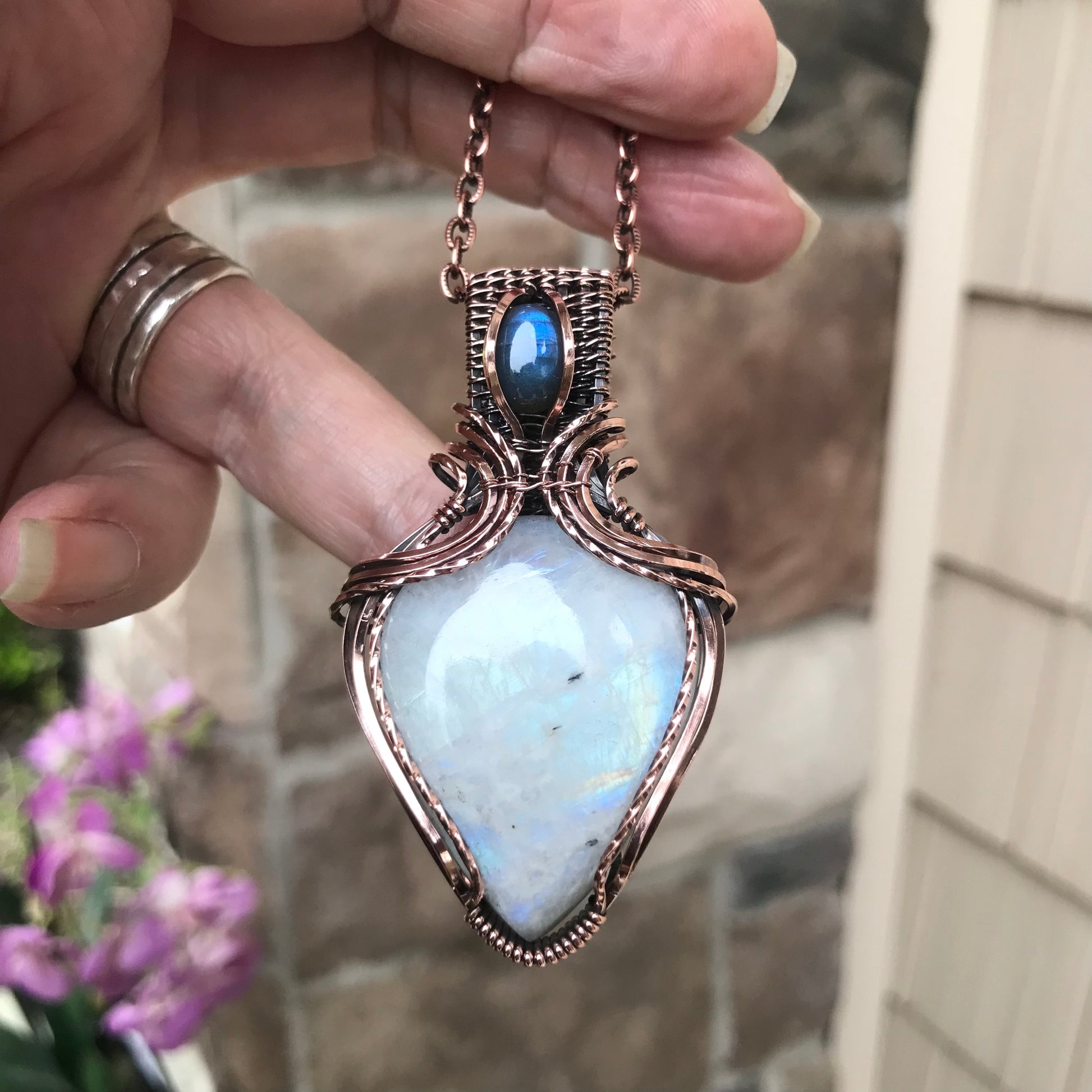 Moonstone & Blue Labradorite Copper Necklace with Weaving