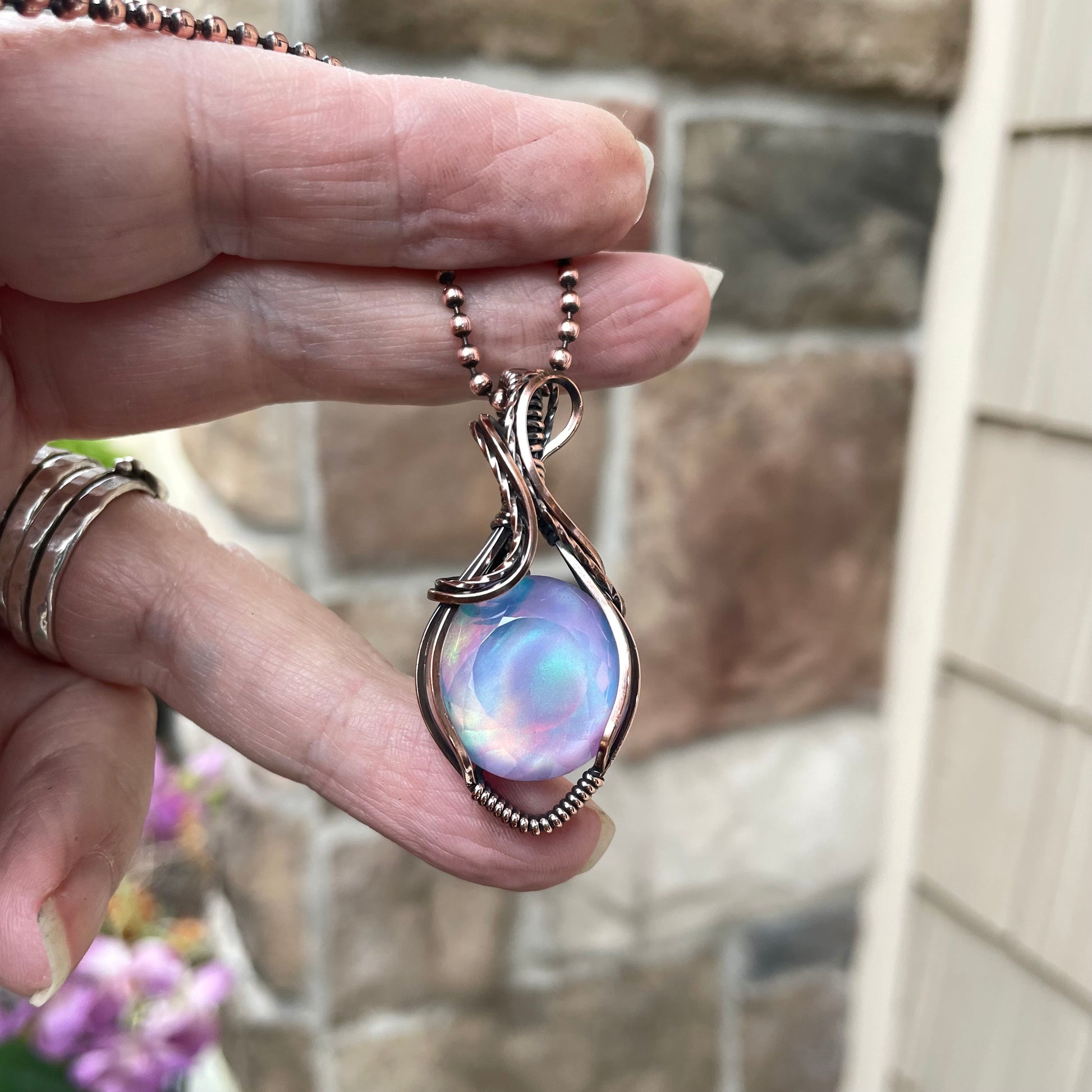 Aurora Opal Pink Purple Round Copper Pendant