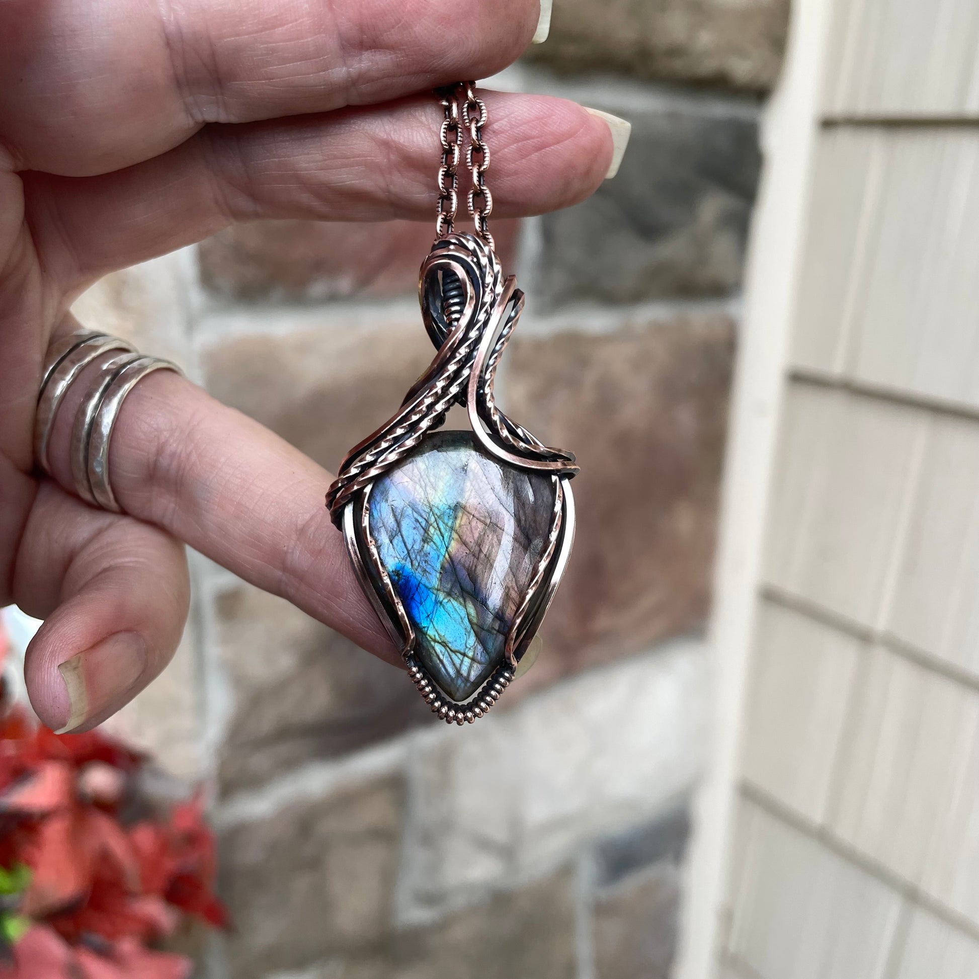 Teal Amber Blue Labradorite Copper Necklace