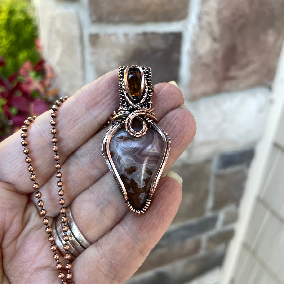 Pink Agua Nueva Plume Moss Agate & Honey Garnet Copper Necklace