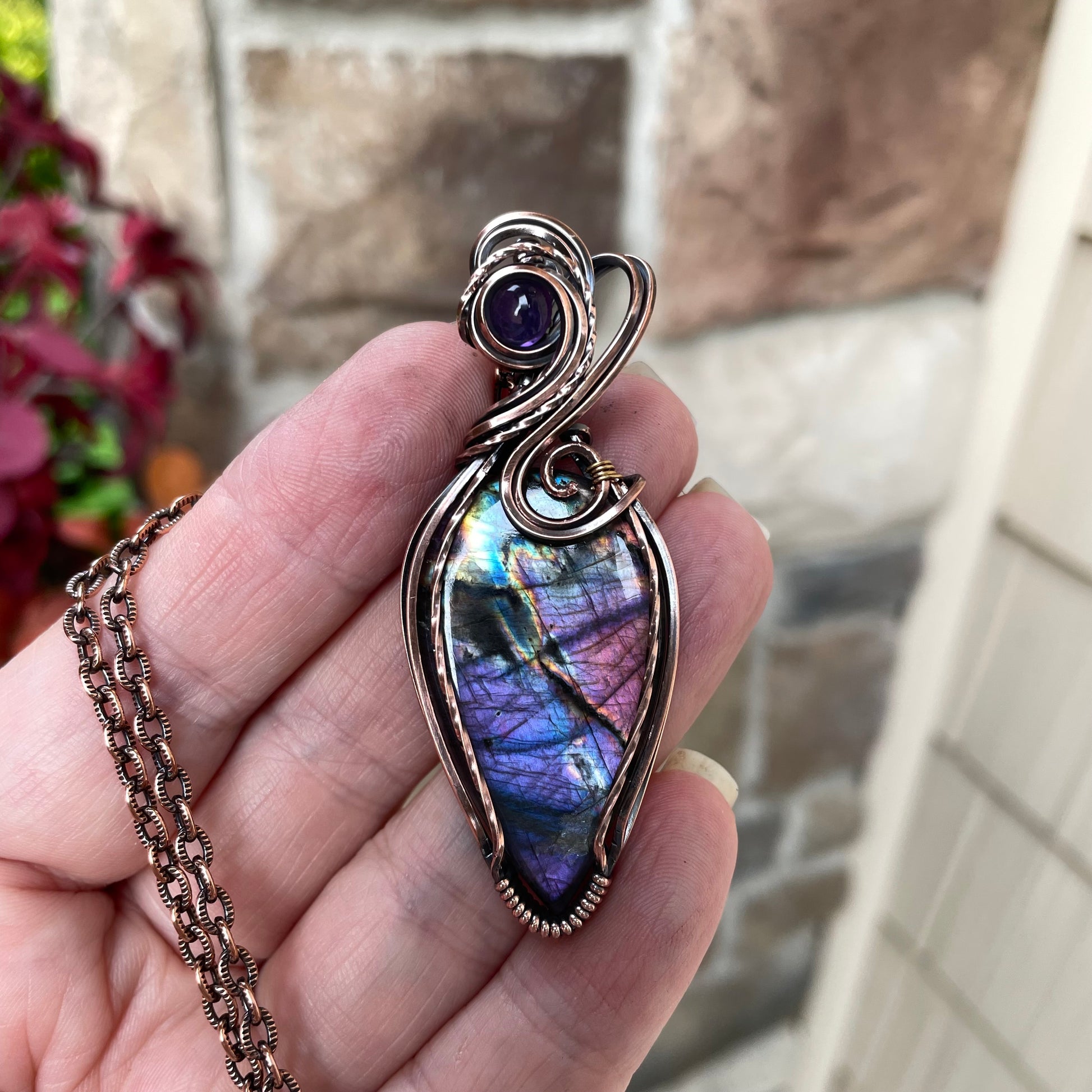 Purple Rainbow Labradorite & Amethyst Swirly Copper Pendant