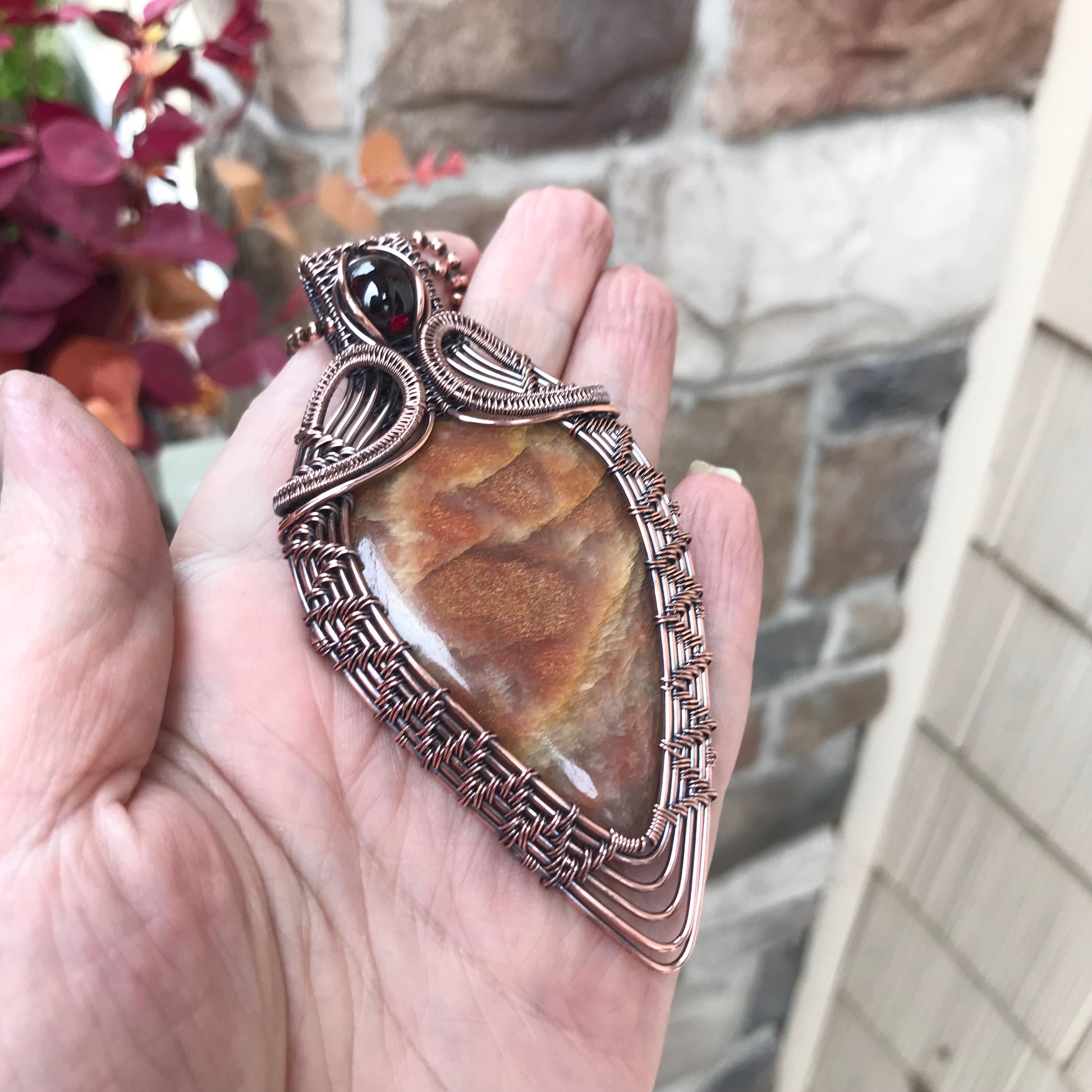 Sunstone & Garnet Woven Copper Pendant