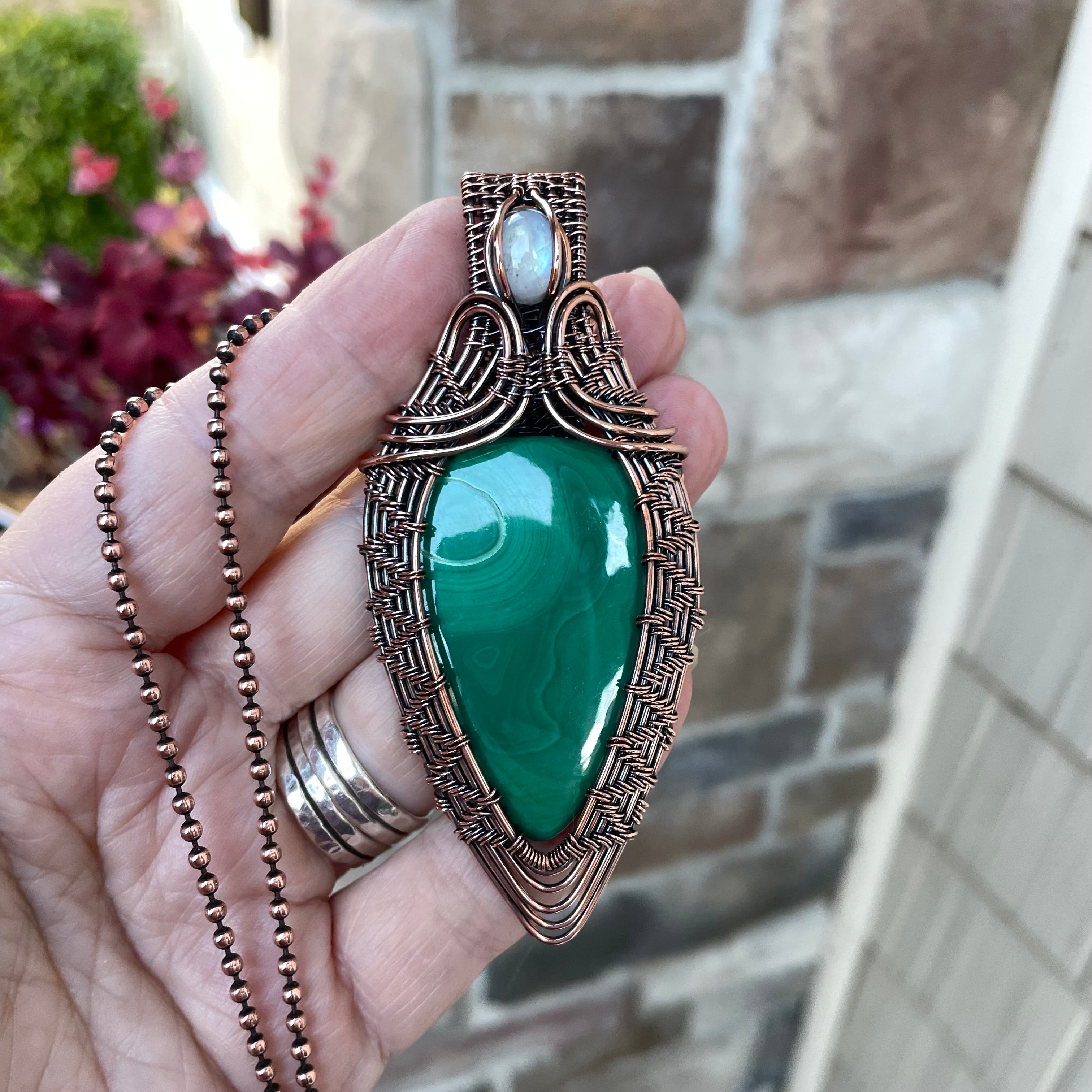Malachite & Moonstone Woven Copper Pendant
