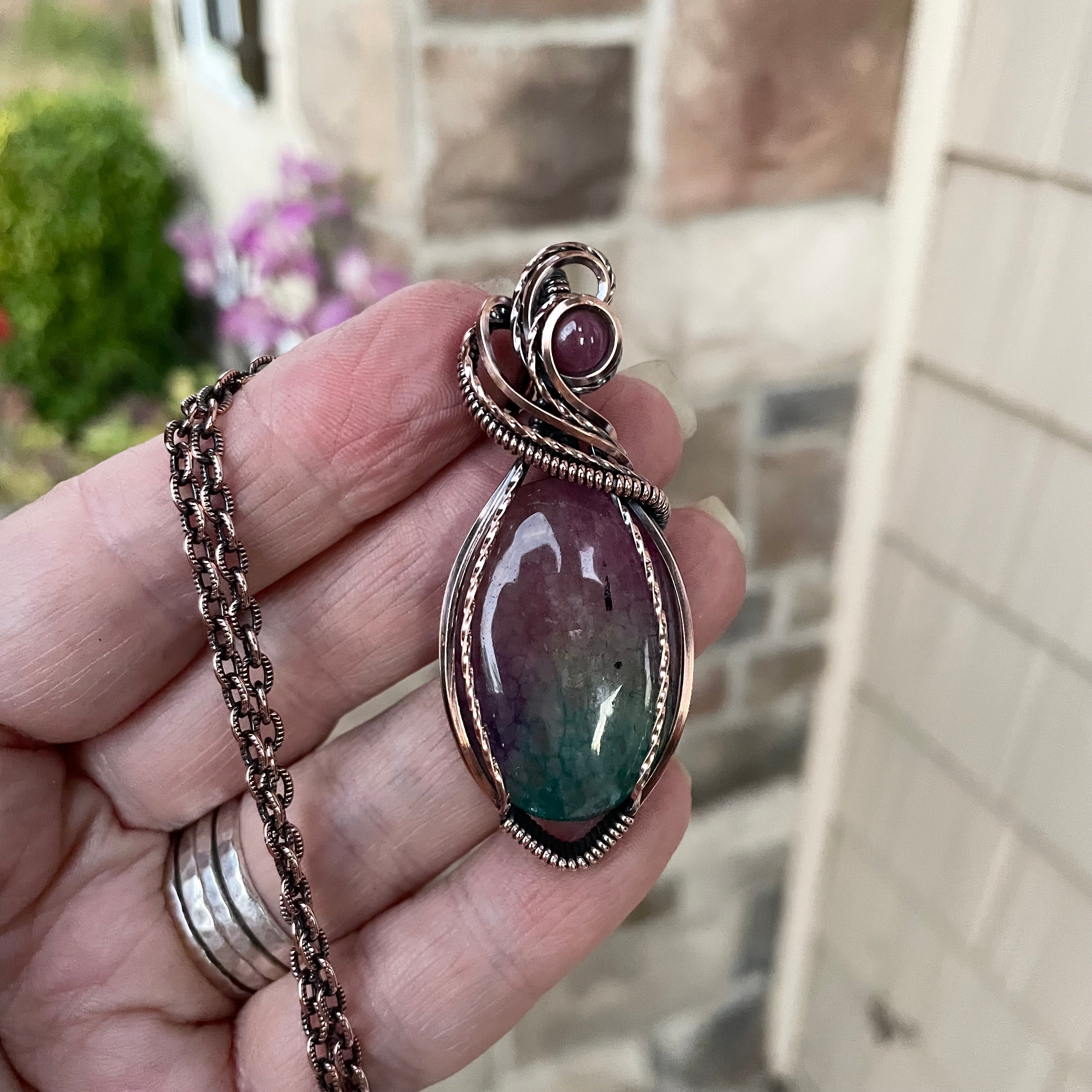 Rainbow Solar Quartz & Ruby Copper Pendant