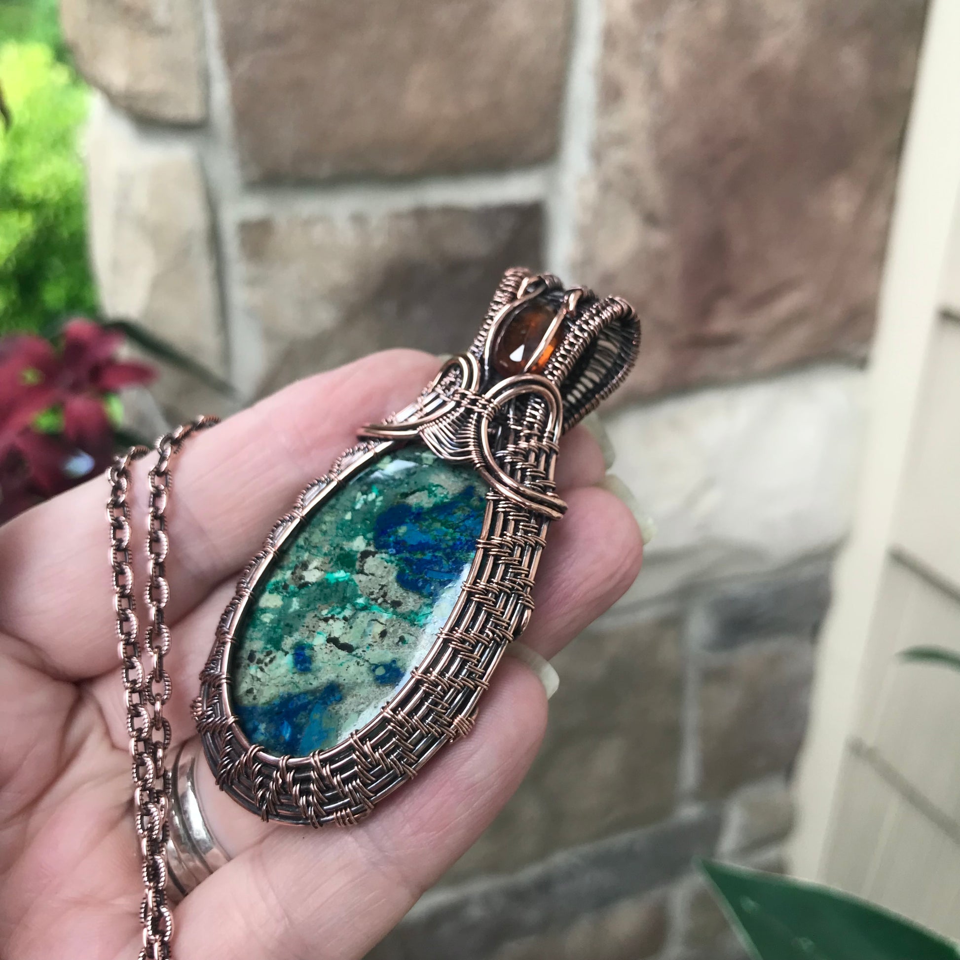 Azurite & Hessonite Garnet Woven Copper Pendant