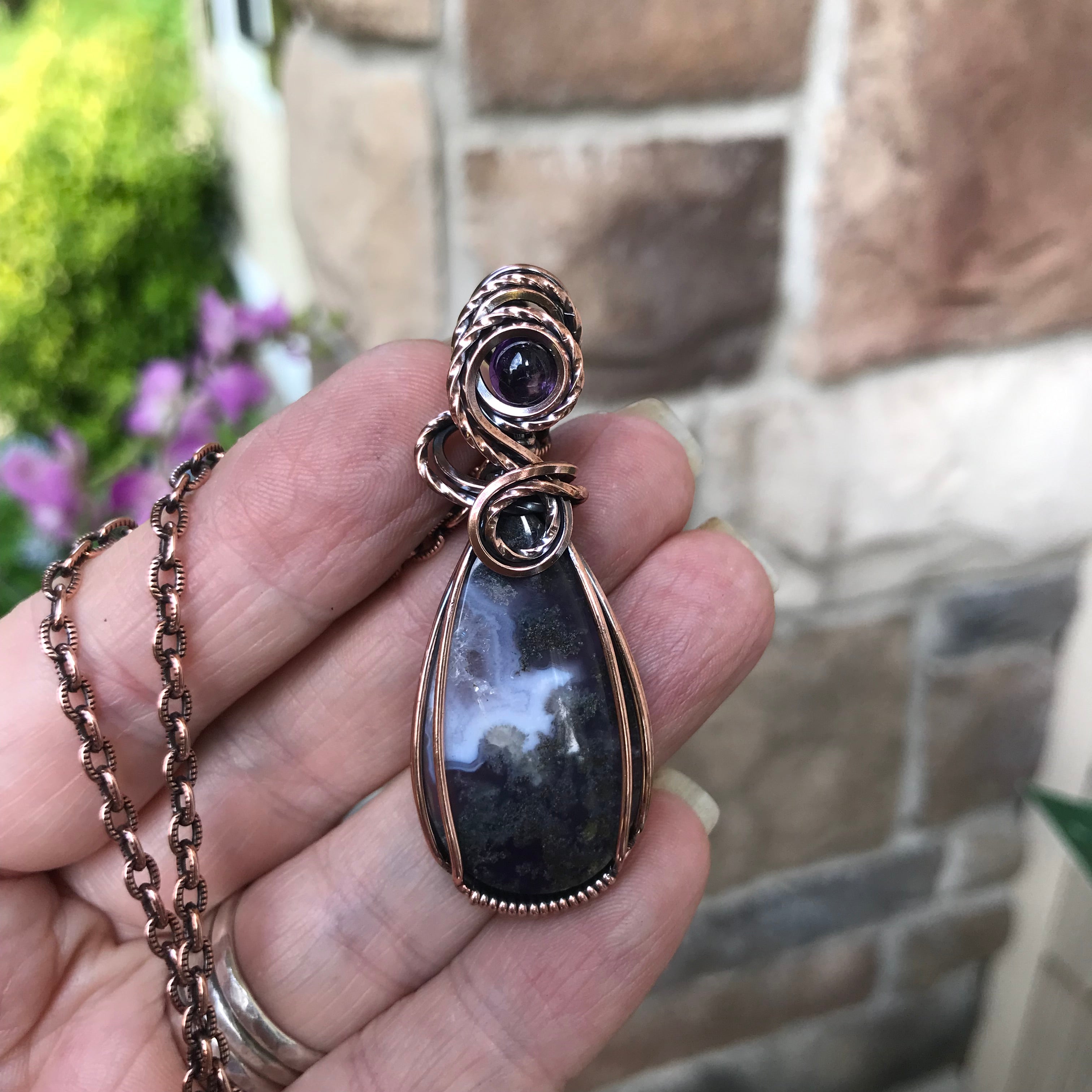 Purple Chalcedony Moss Agate and Amethyst Copper Pendant