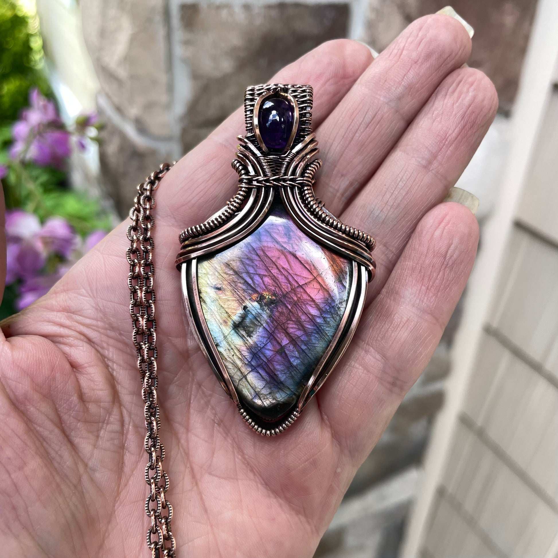 Rainbow Labradorite & Amethyst Copper Pendant