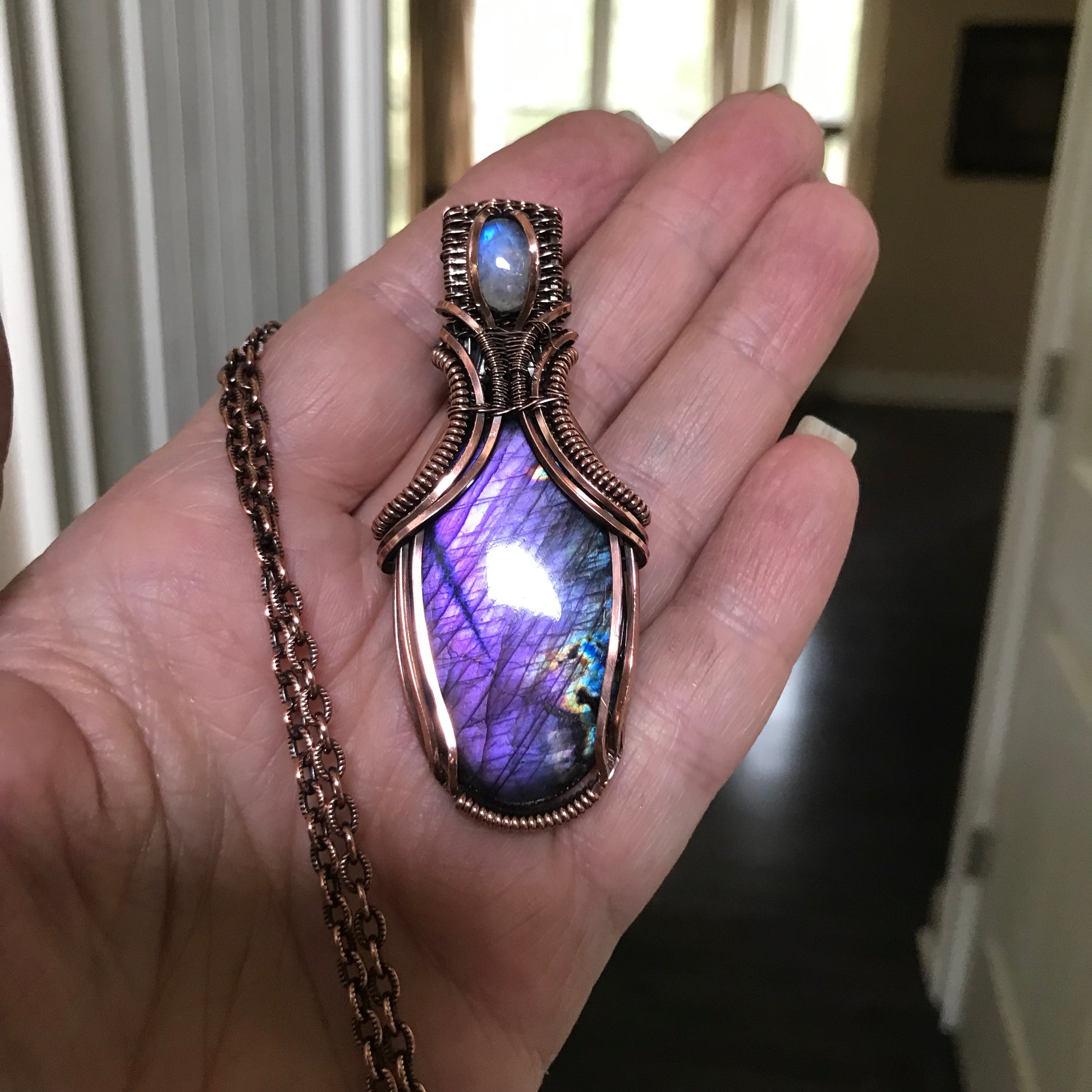 Purple Labradorite & Moonstone Oval Copper Necklace with Weaving
