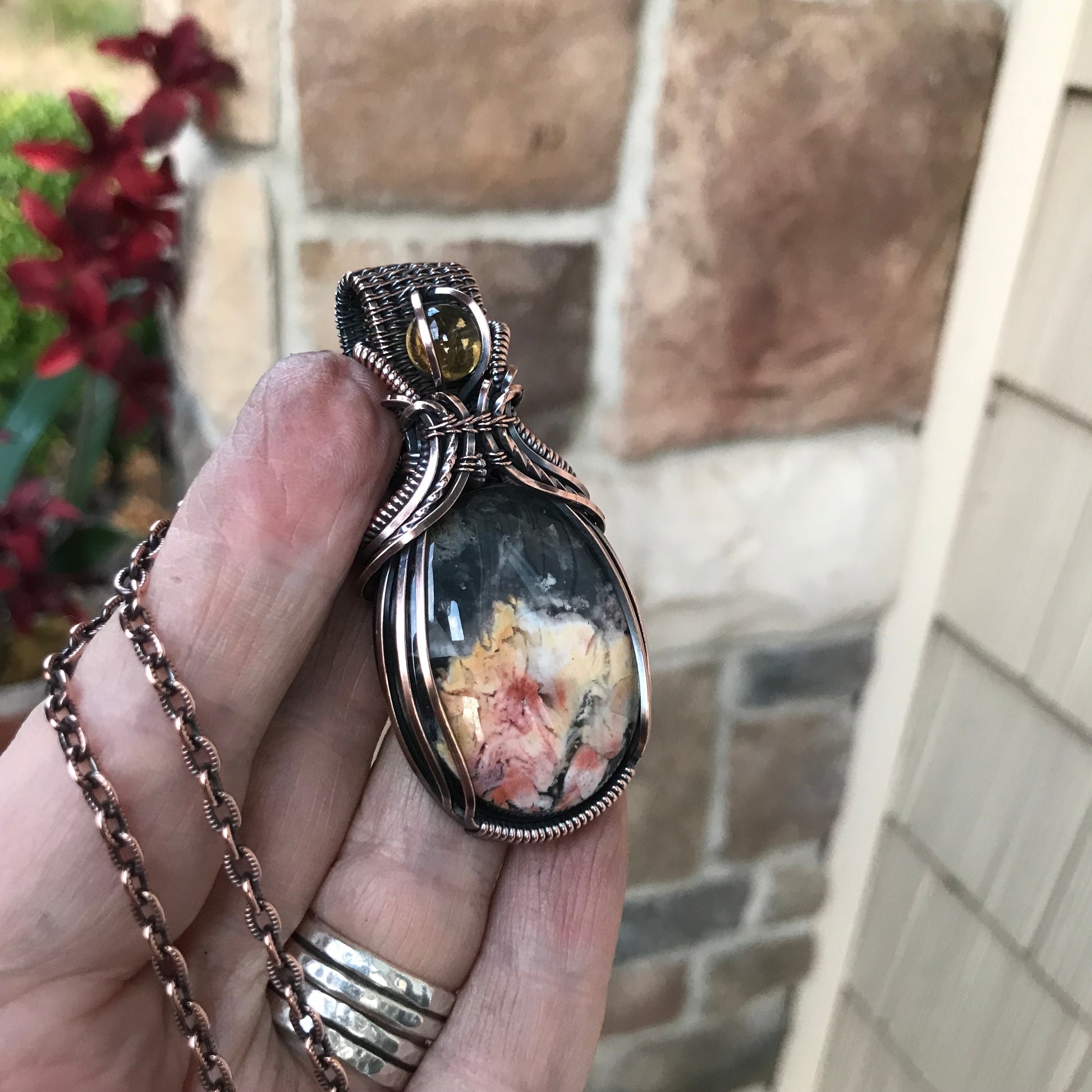 Feather Ridge Plume Agate Doublet & Citrine Copper Pendant