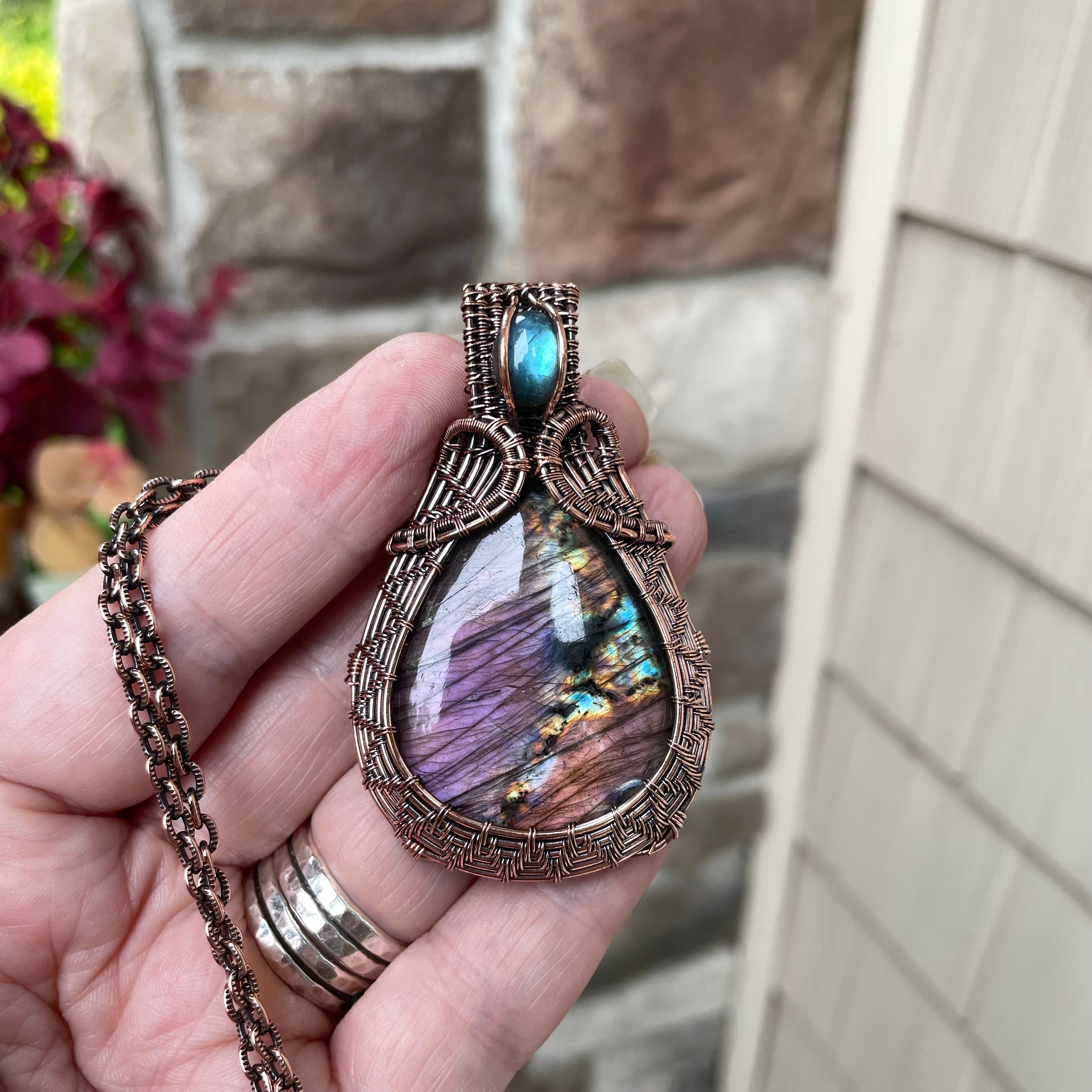Purple Blue Labradorite  Copper Woven Pendant