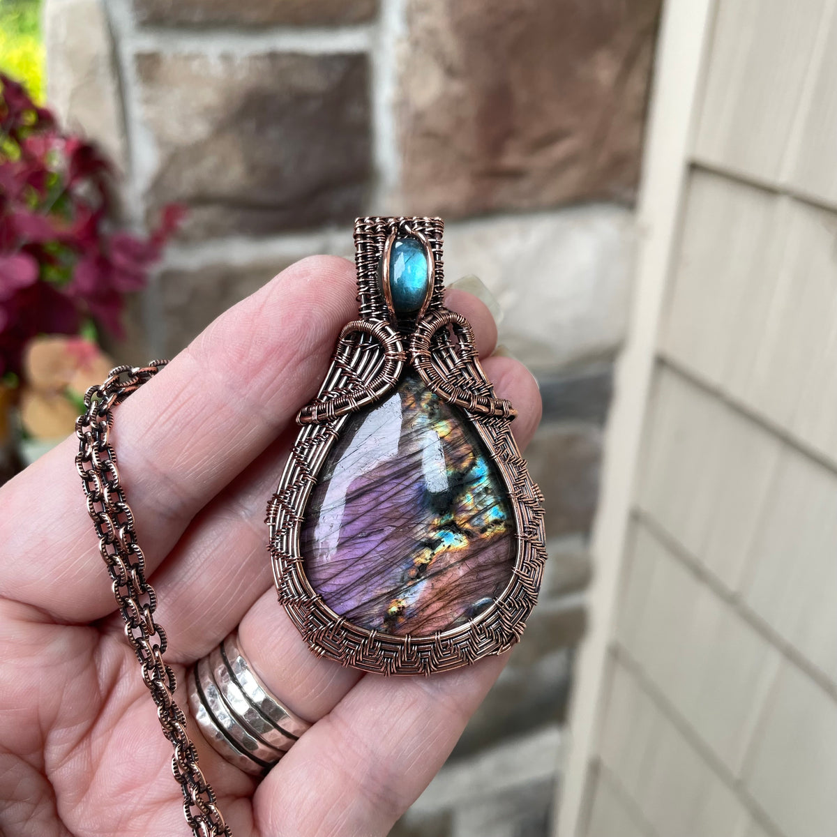 Purple Blue Labradorite  Copper Woven Pendant