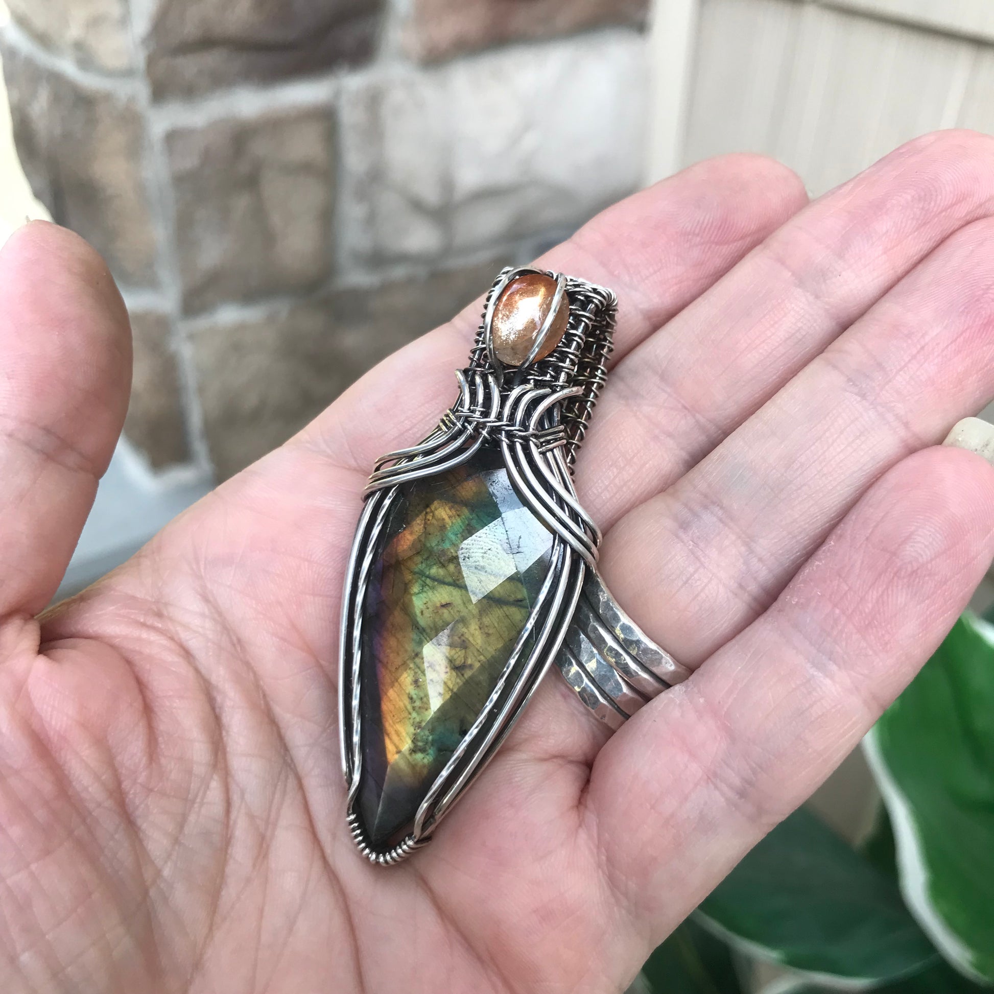 Rainbow Labradorite & Sunstone Silver Pendant