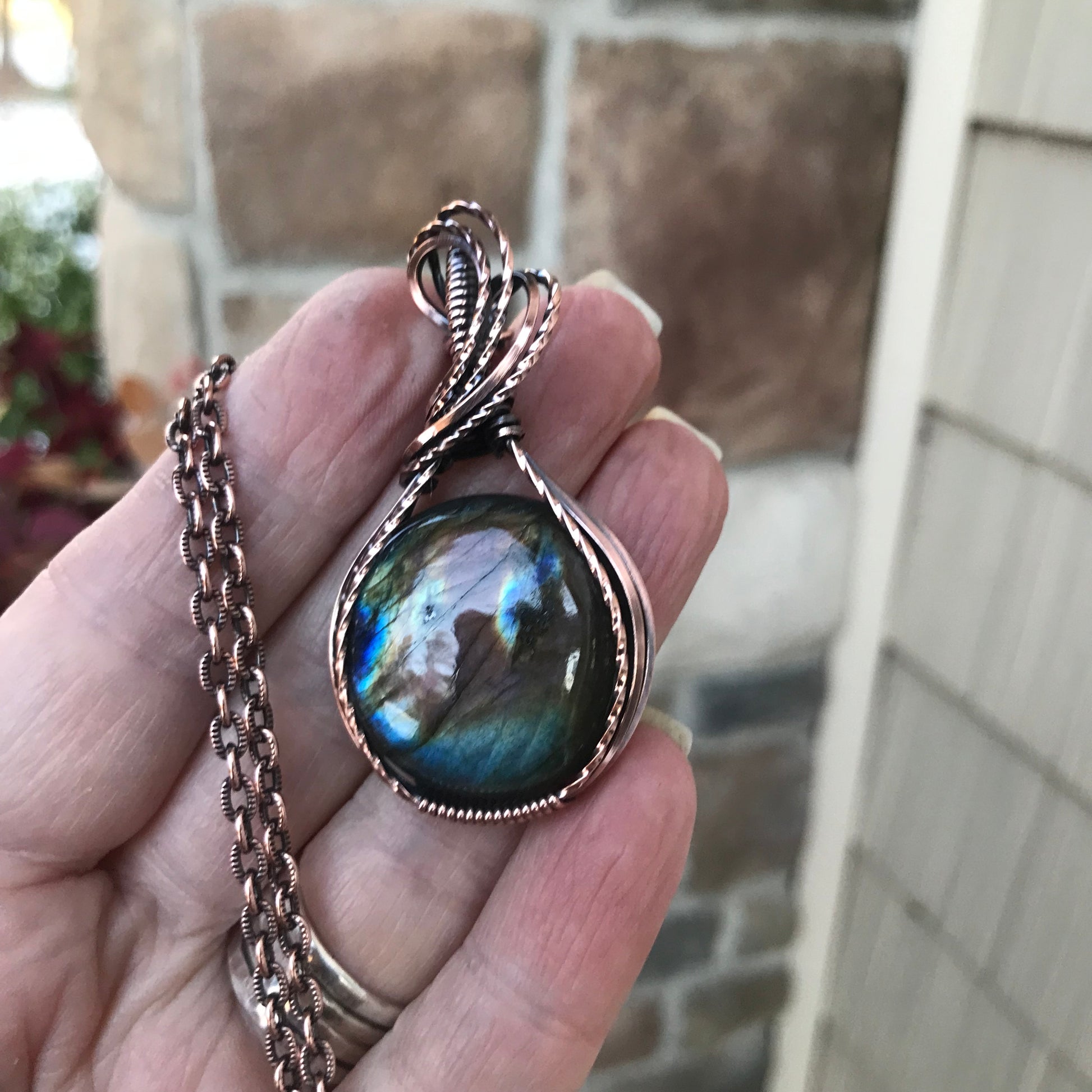 Rainbow Labradorite Round Copper Pendant