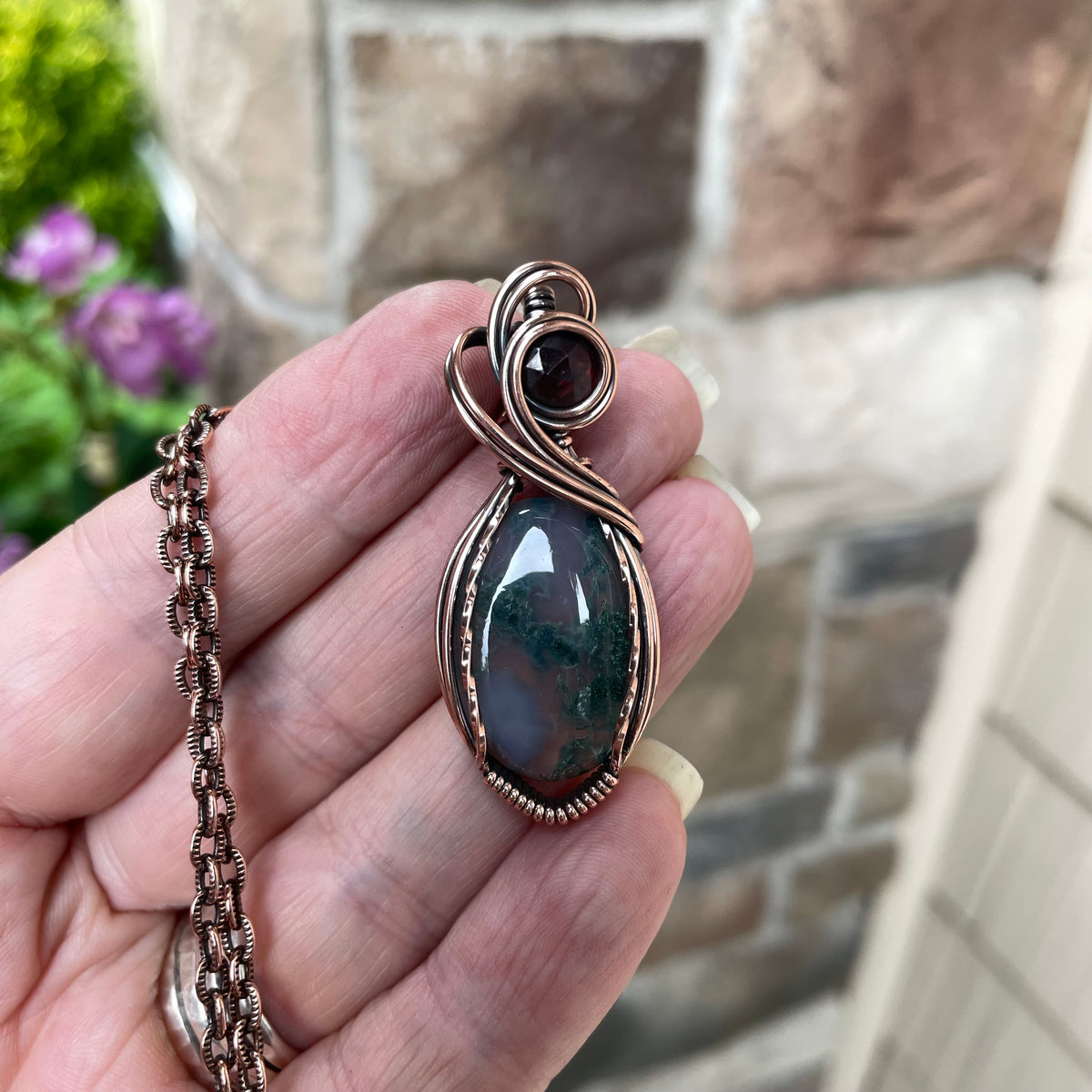 Moss Agate & Garnet Copper Necklace