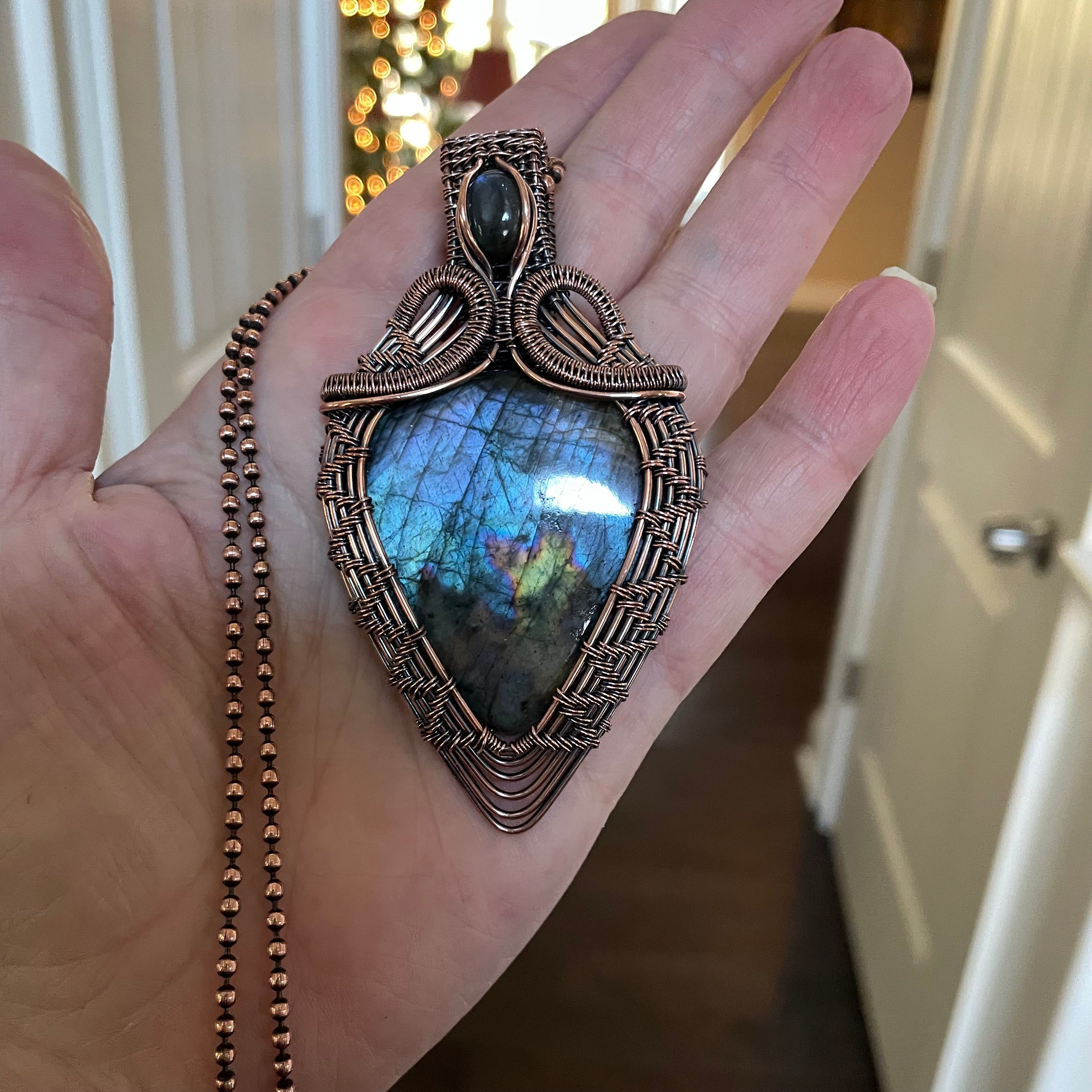 Blue Purple Labradorite Woven Copper Pendant
