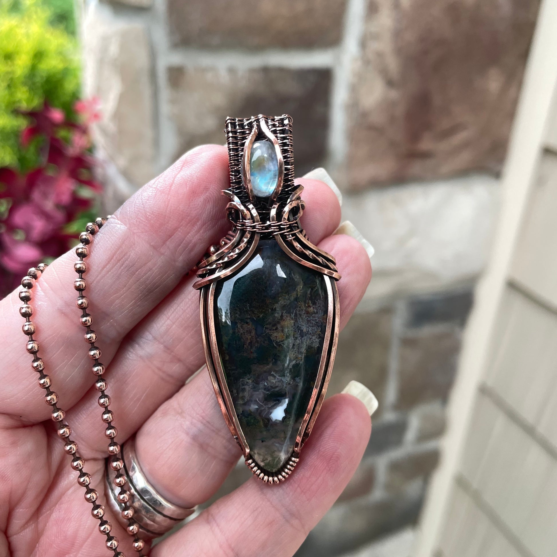 Moss Agate & Moonstone Copper Necklace with Weaving