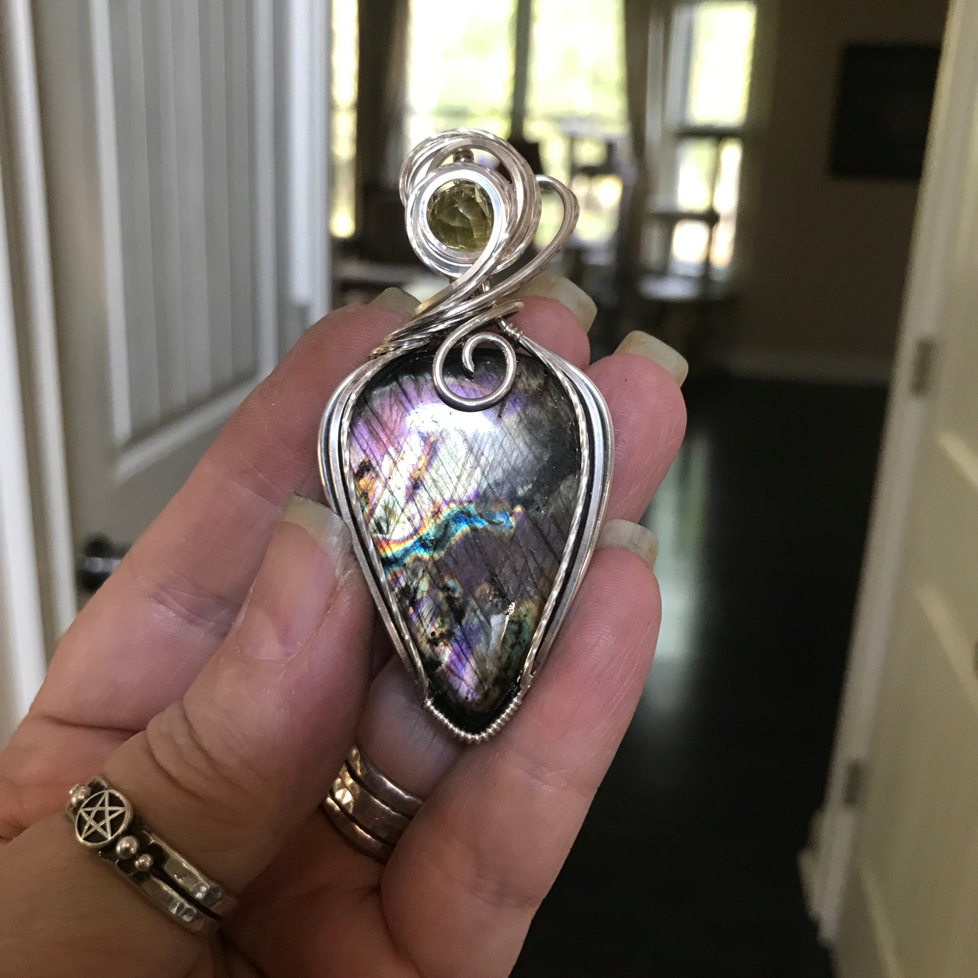 Reserved - Purple Labradorite & Lemon Quartz  Silver Pendant