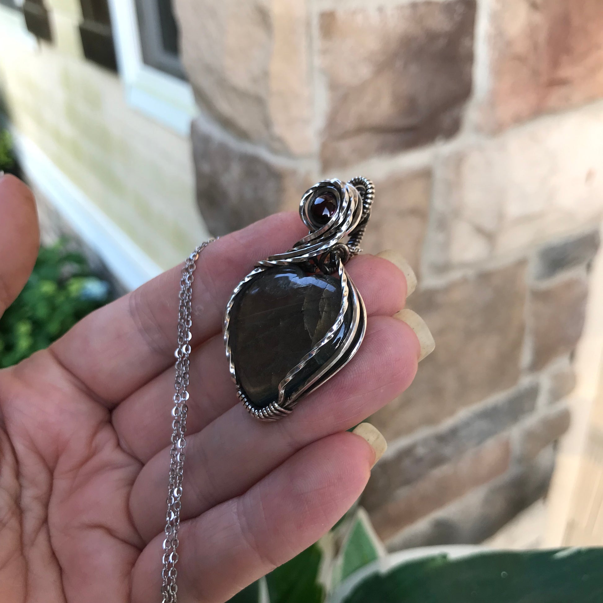 RESERVED FOR T. - Golden Amber Labradorite & Garnet Silver Pendant