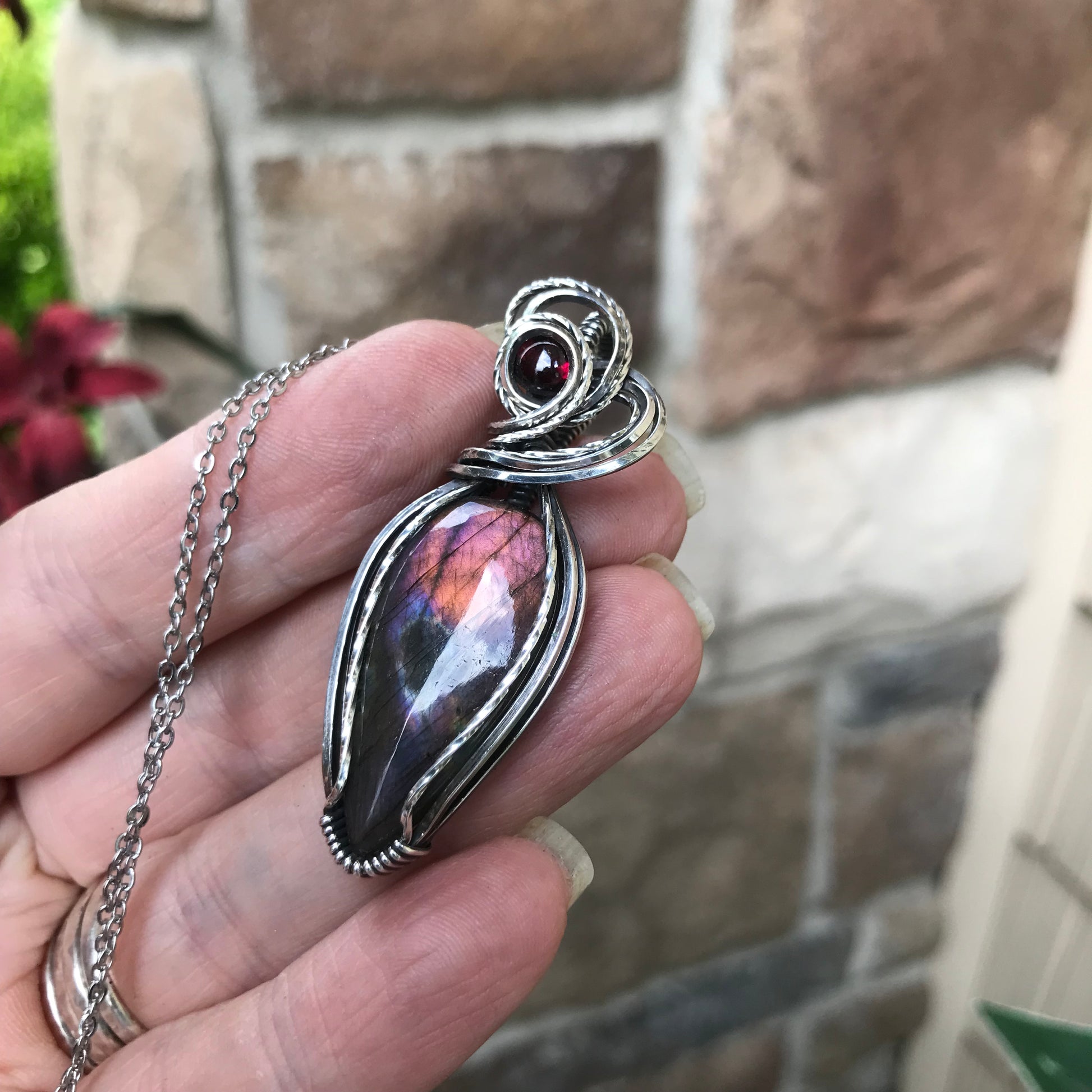 Maroon Amber Labradorite & Garnet Sterling Silver Pendant