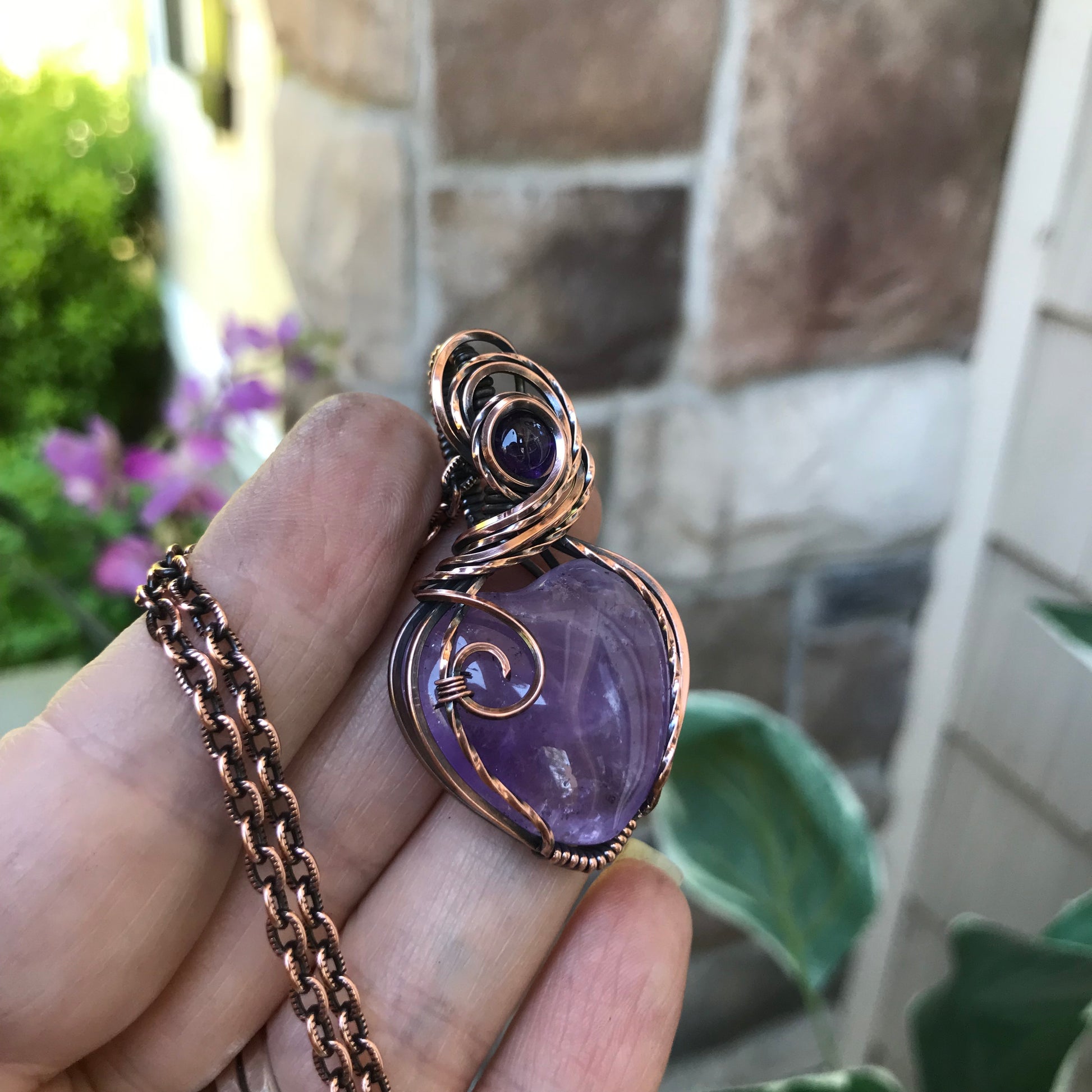 Amethyst Heart with Amethyst Accent Copper Pendant