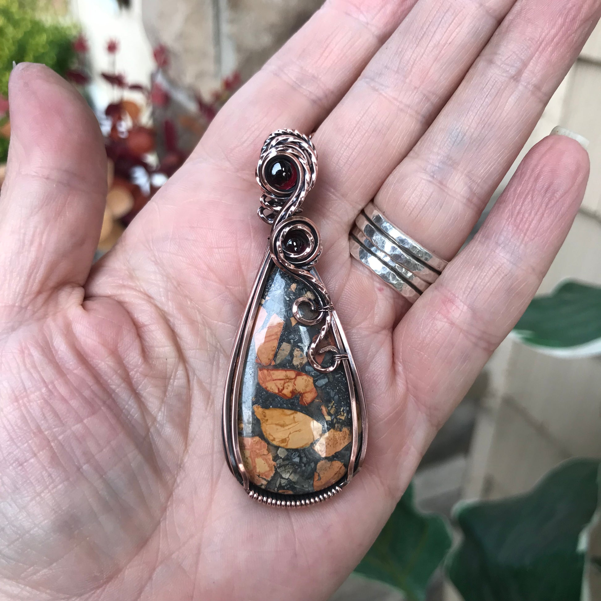 Maligano Jasper & Garnet Swirly Copper Pendant