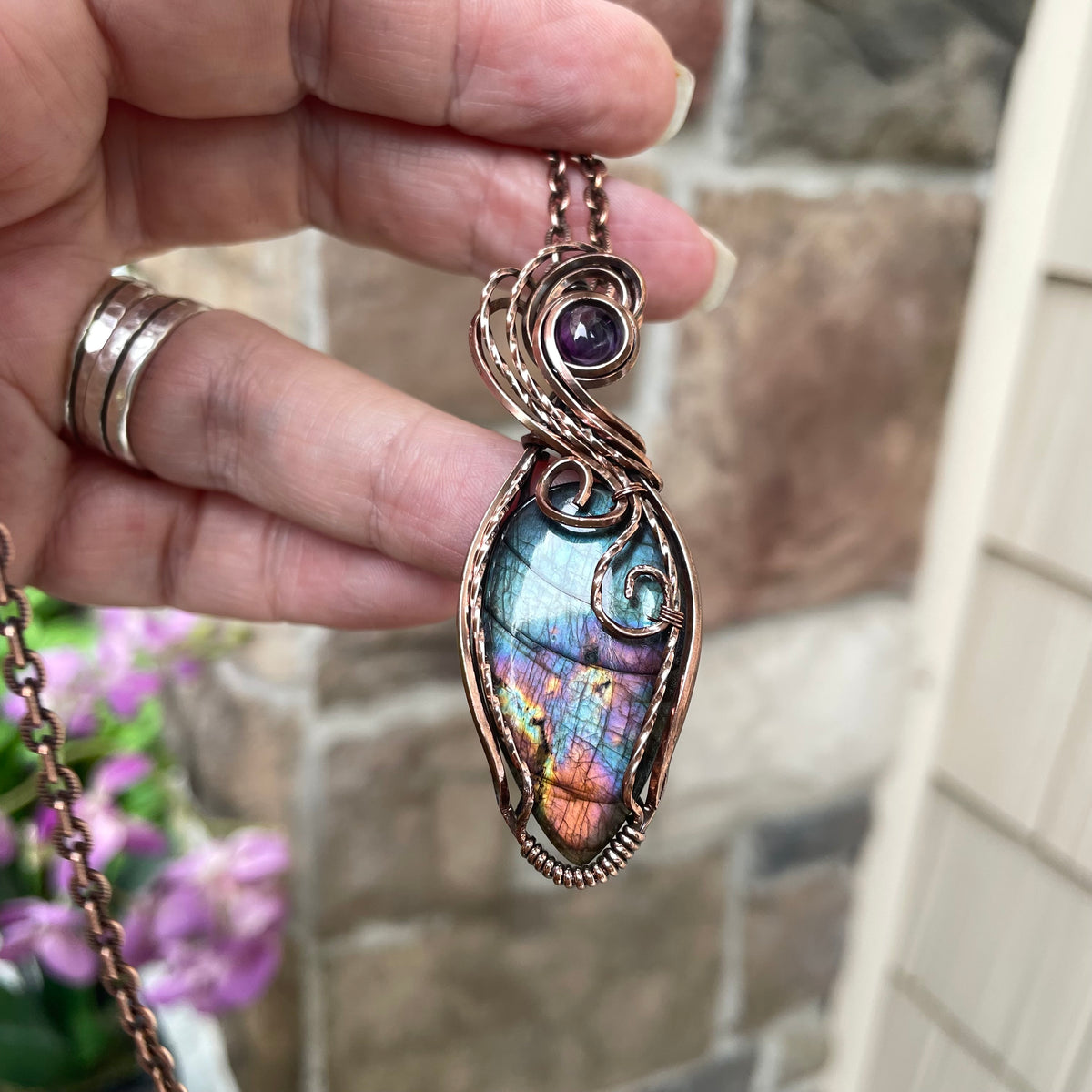 Teal Rainbow Labradorite & Amethyst Swirly Copper Pendant