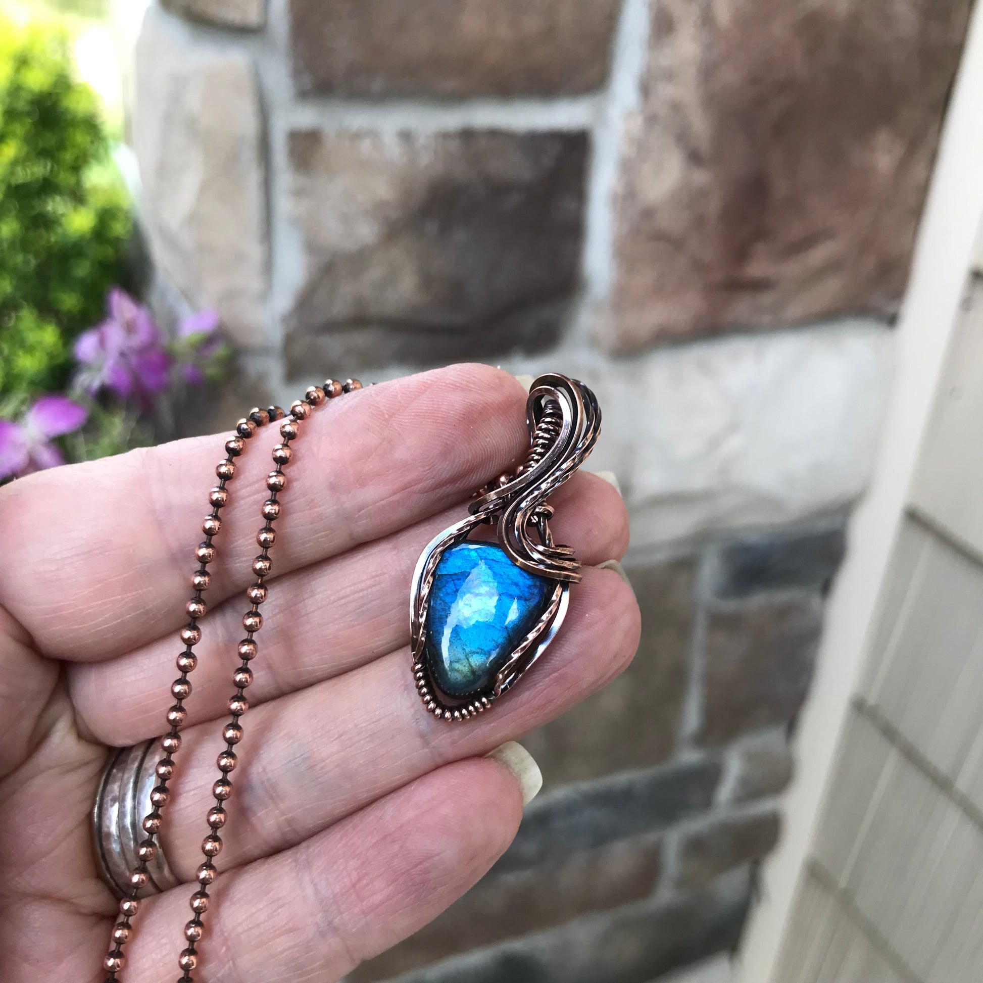 Blue Teal Labradorite Small Copper Pendant