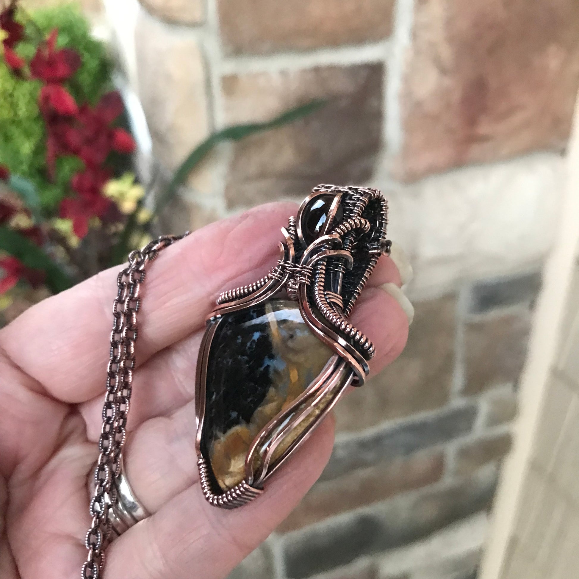 Petrified Palm Root Agate & Garnet Copper Necklace