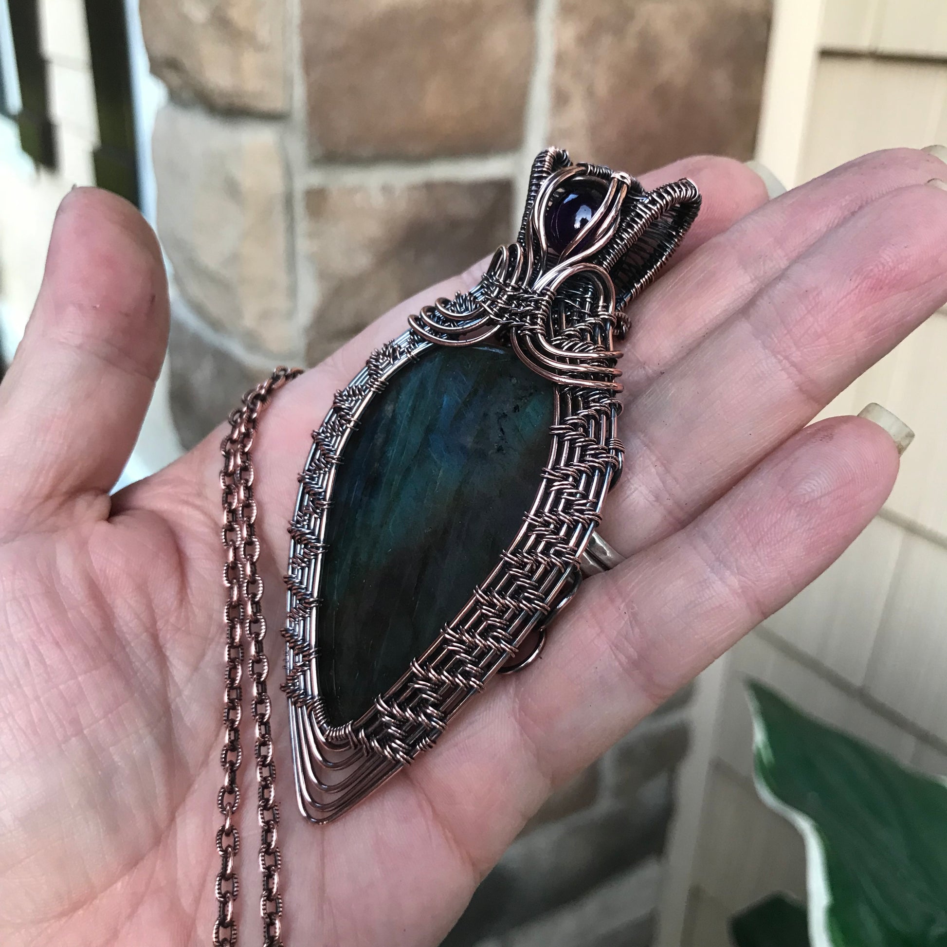 Teal Labradorite & Amethyst Woven Copper Pendant