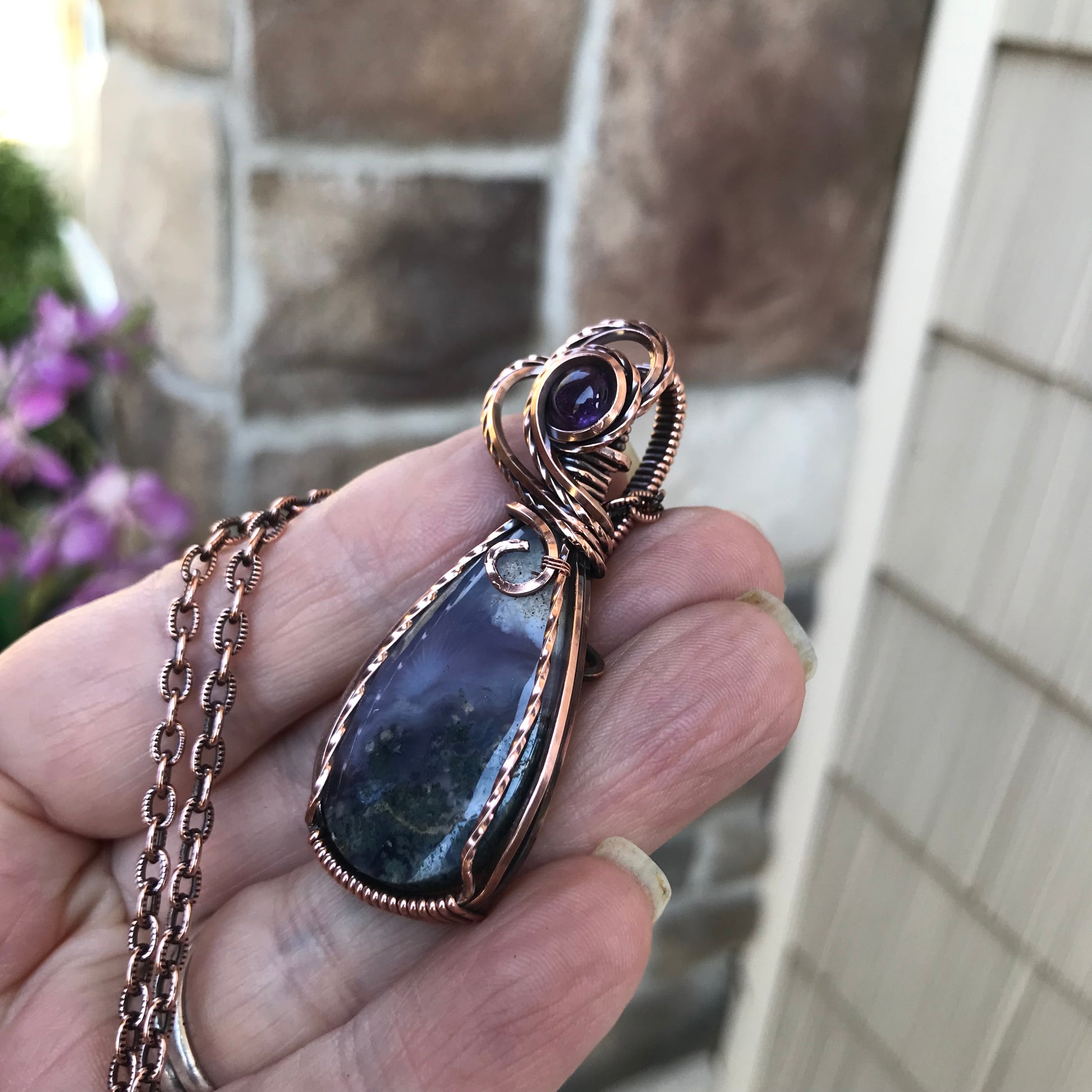 Moss Agate Chalcedony & Amethyst Copper Necklace