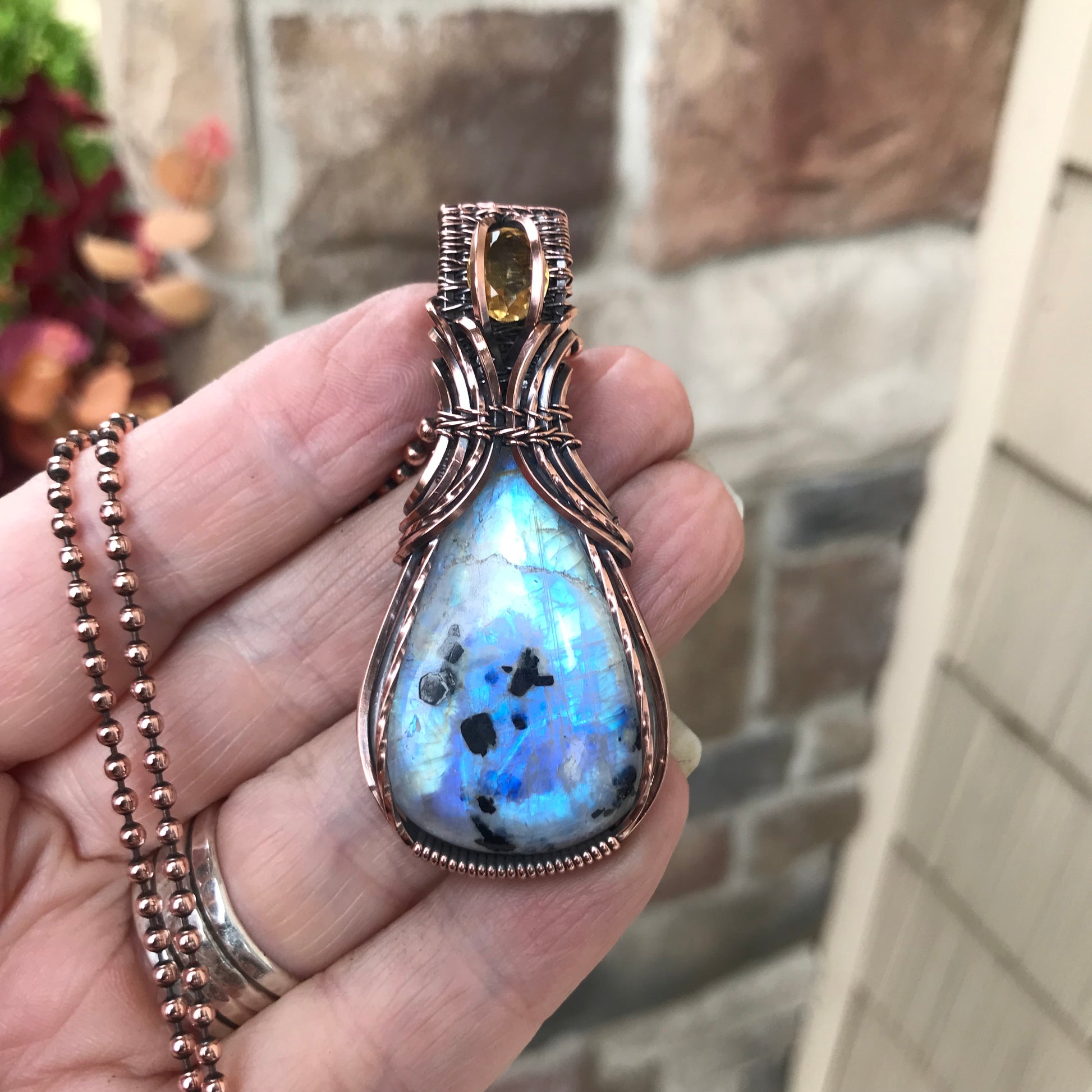 Moonstone with Tourmaline & Citrine Copper Pendant