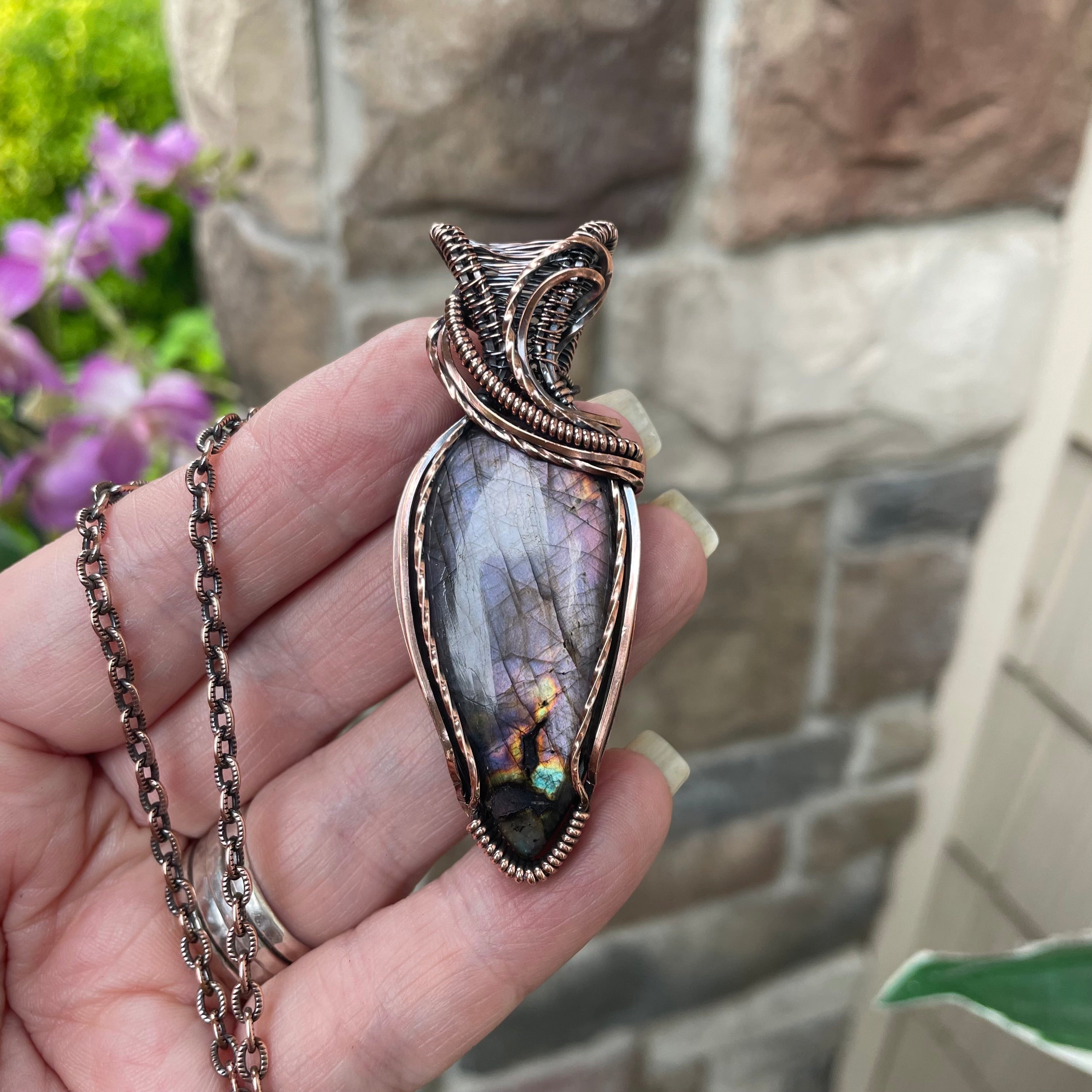 Purple Shimmer Labradorite Copper Necklace with Woven Bail