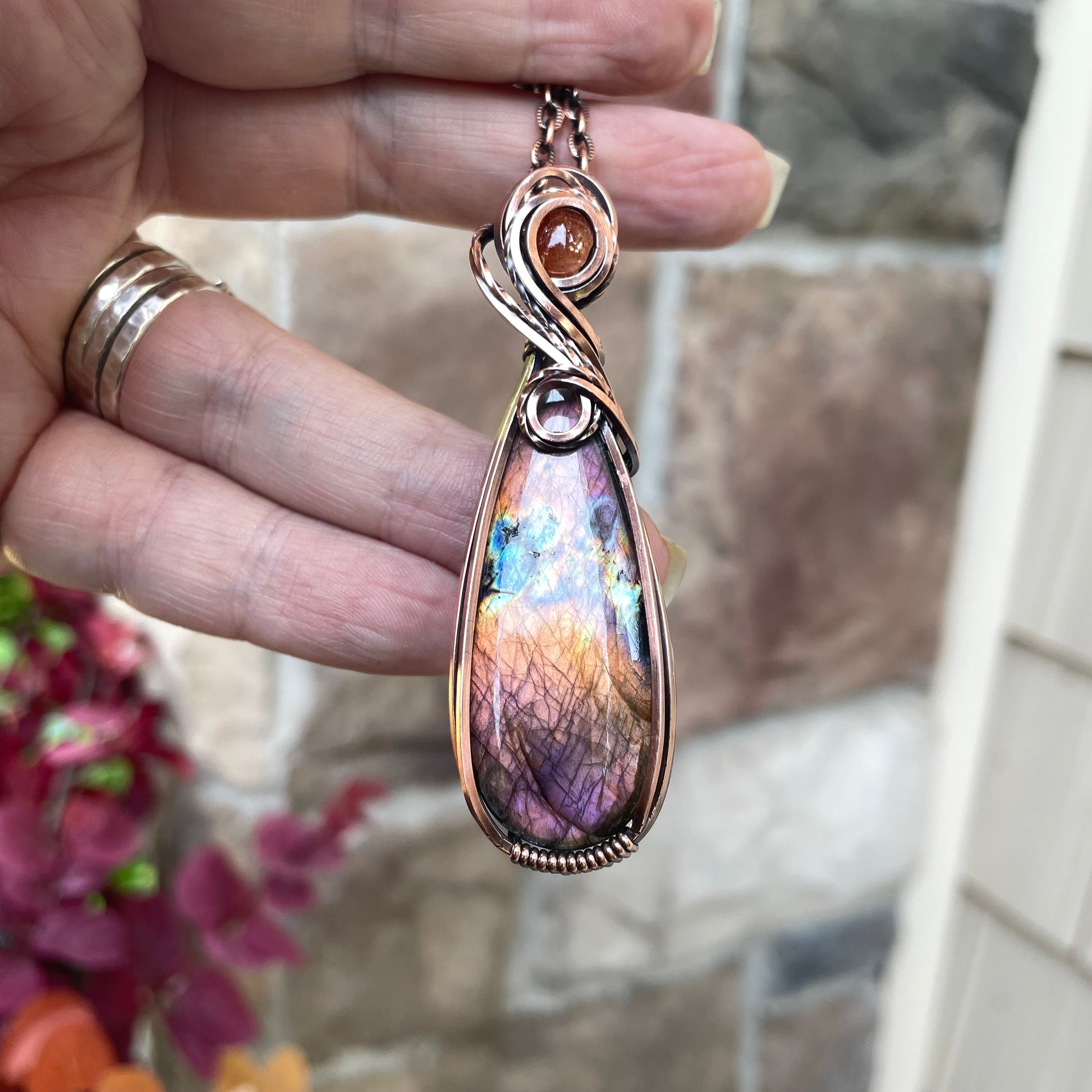 Orange & Purple Labradorite & Sunstone Slender Copper Pendant