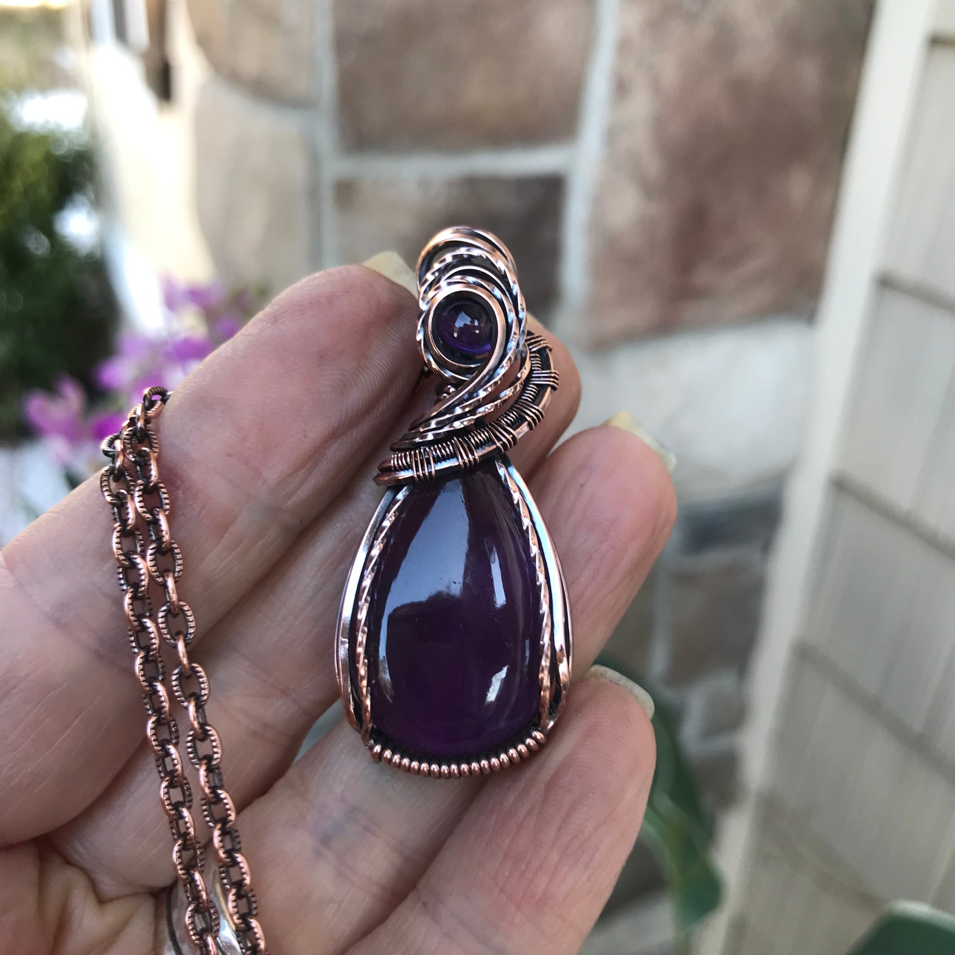 Amethyst with Amethyst Accent Teardrop Copper Pendant