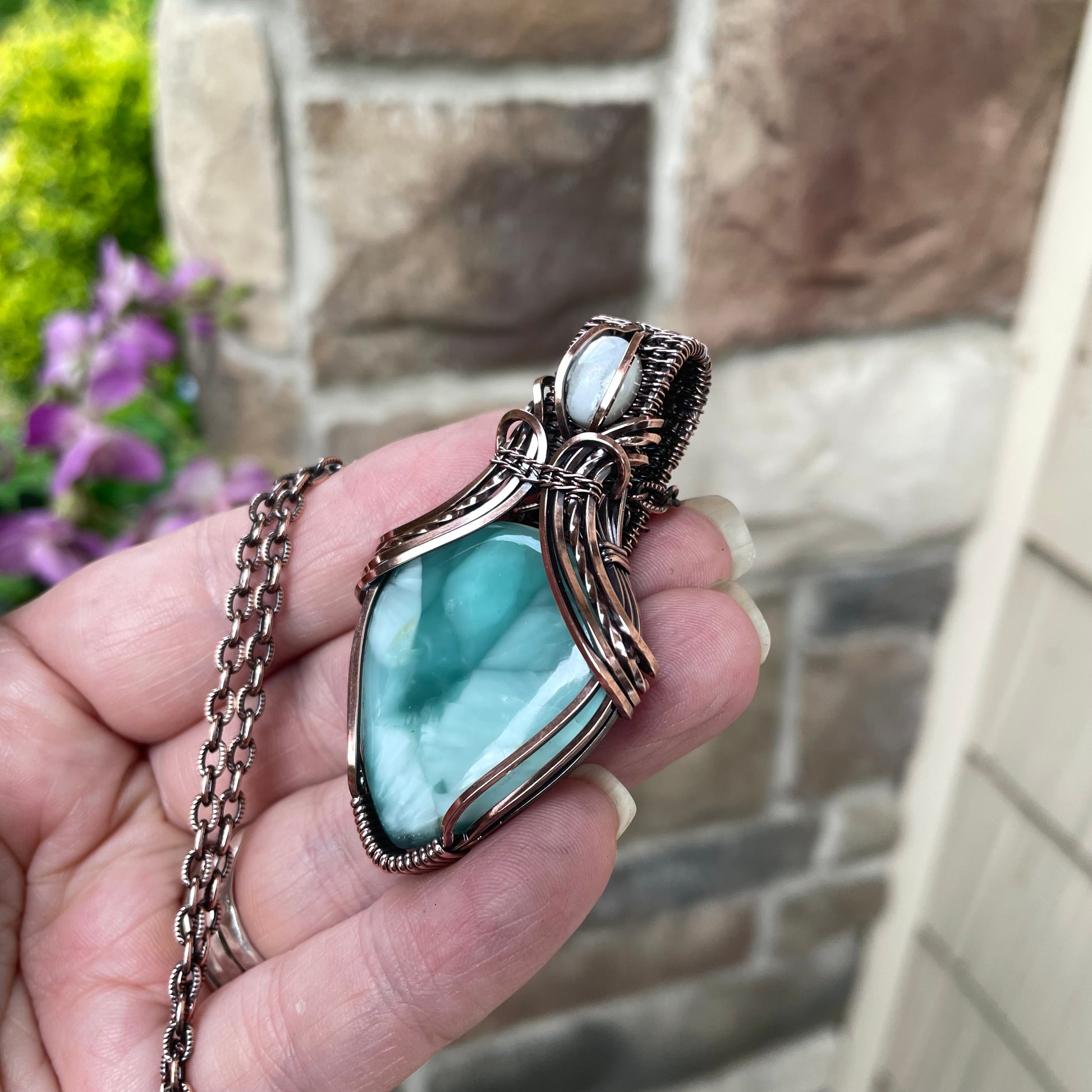 Hemimorphite & Mother of Pearl Copper Pendant with Woven Bail