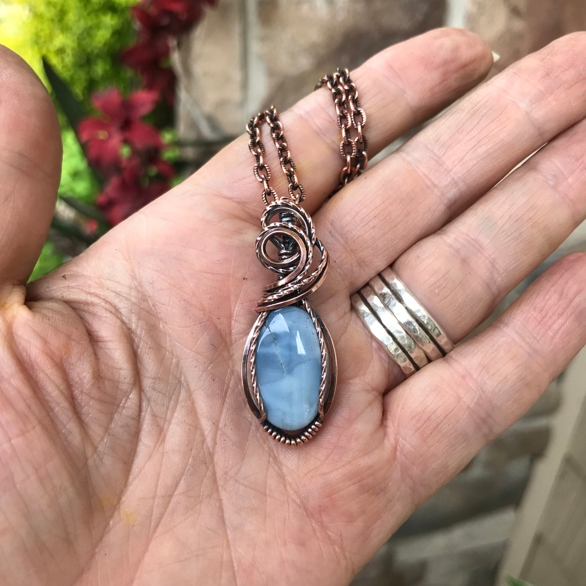Blue Opal Oval Copper Pendant