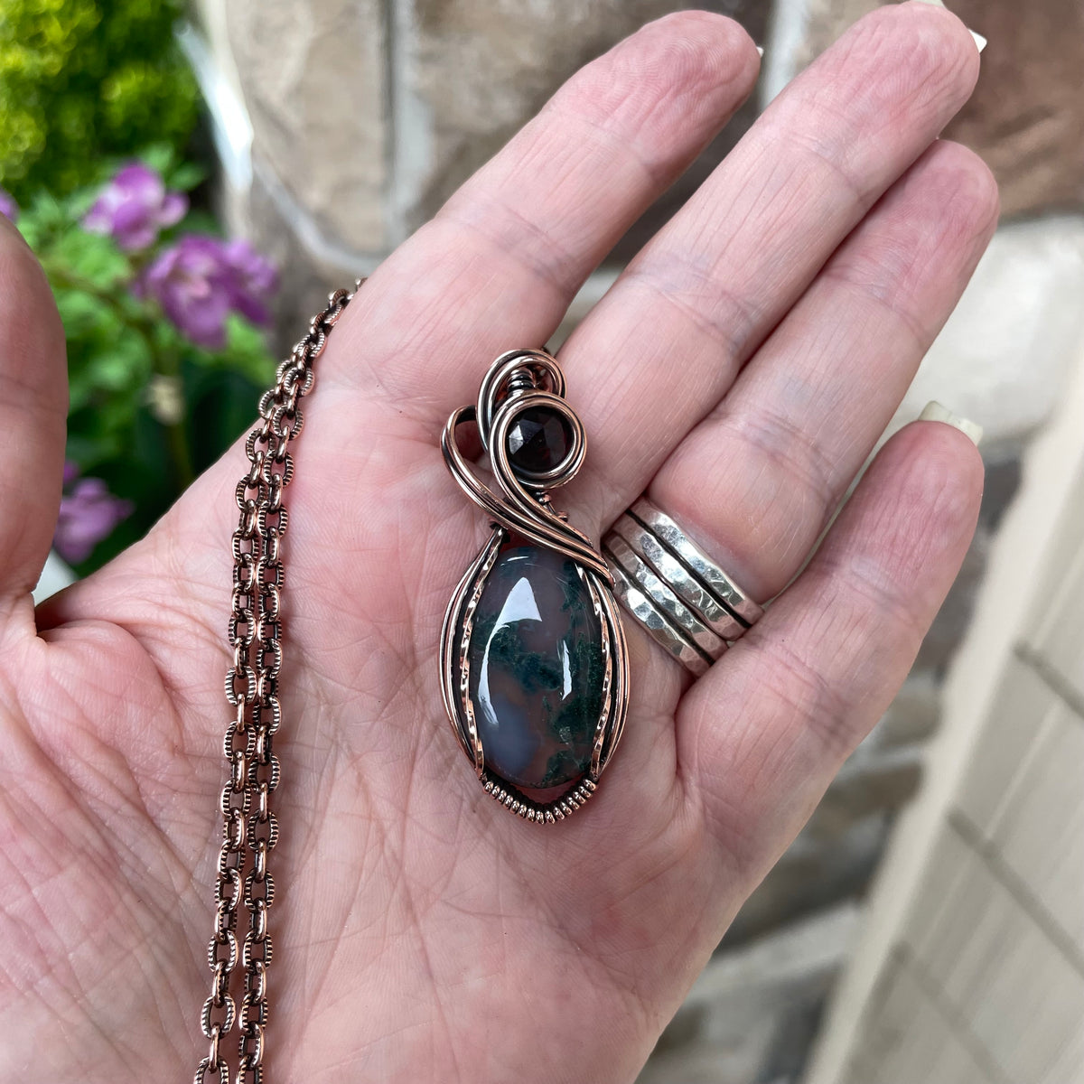 Moss Agate & Garnet Copper Necklace