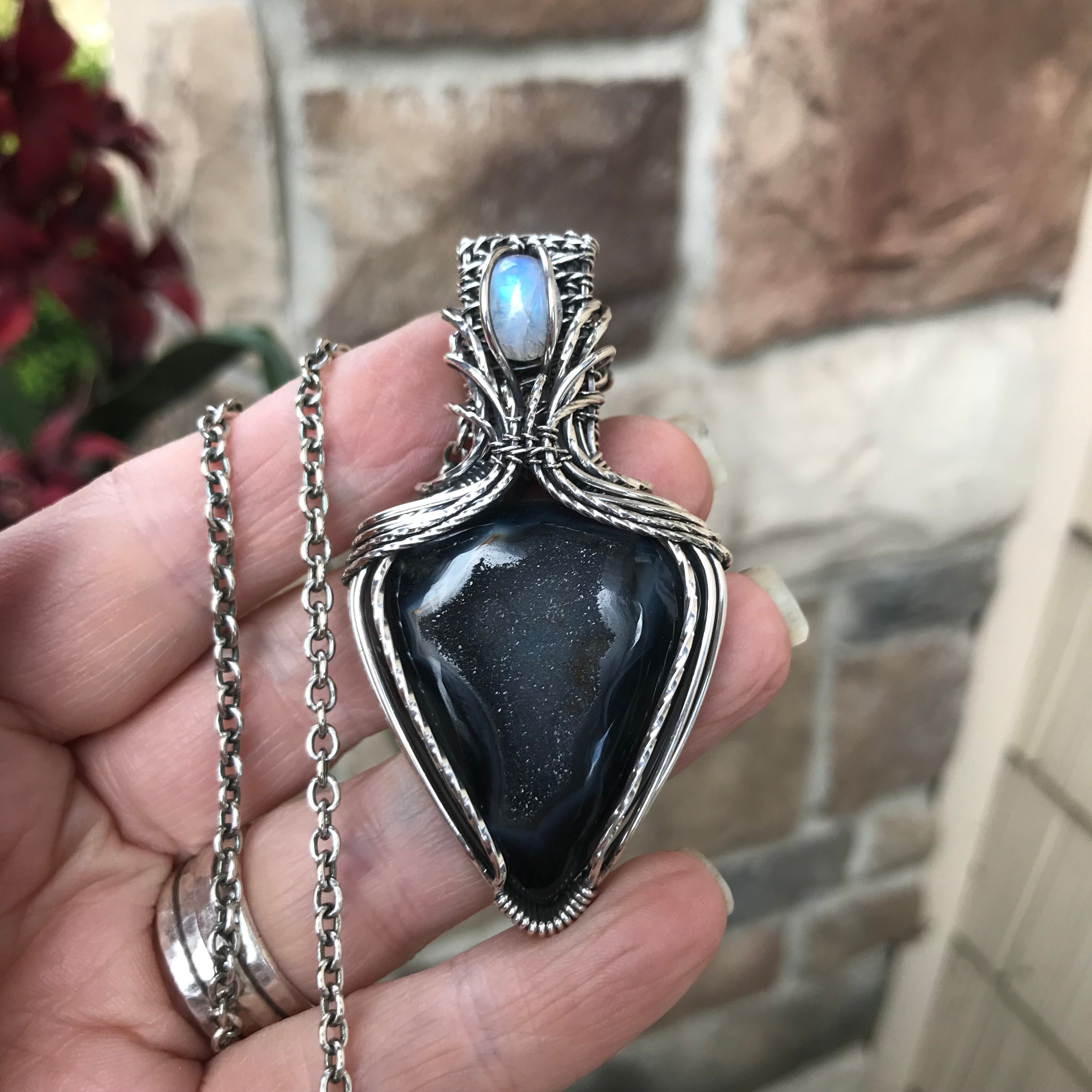 Custom Listing - Black Onyx Druzy & Moonstone Accent Silver Pendant