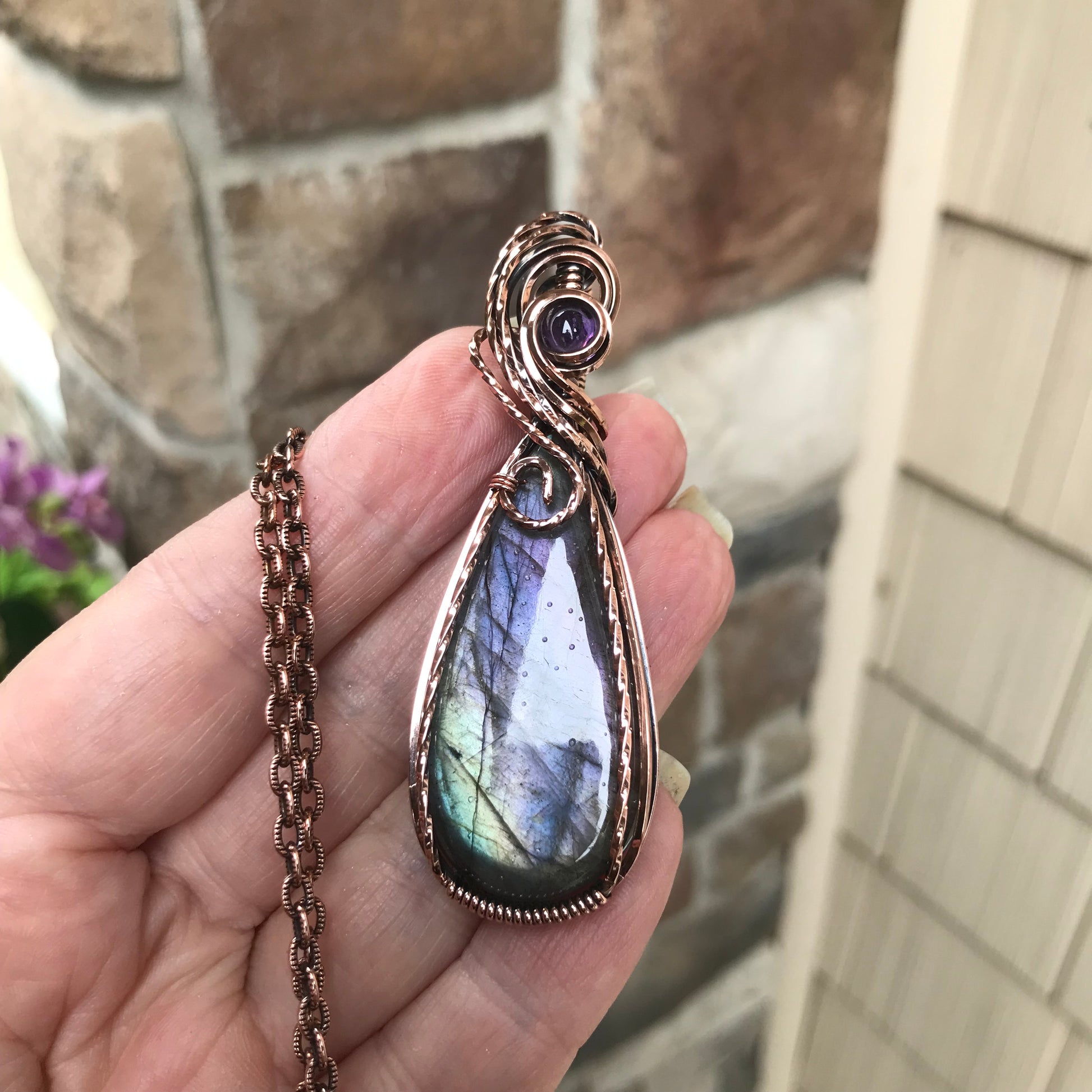 Purple Green Slender Labradorite & Amethyst Copper Pendant