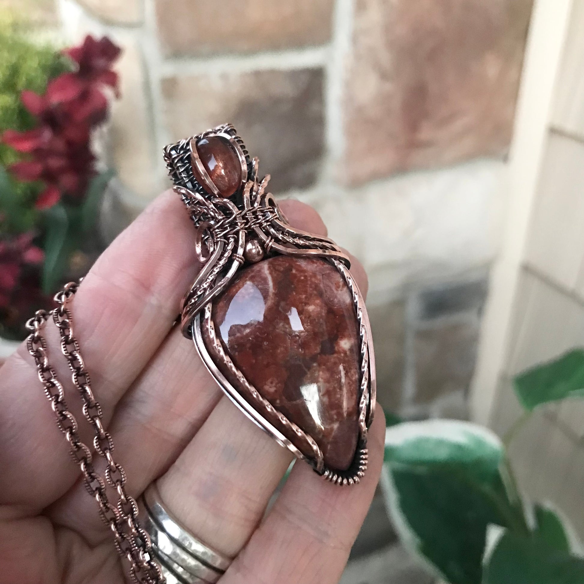 Wildeye Jasper & Sunstone Pendant in Oxidized Copper