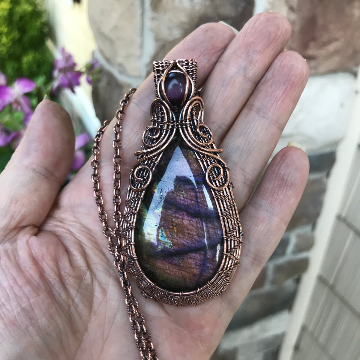 Maroon Purple Labradorite & Pink Cat's Eye Copper Woven Necklace