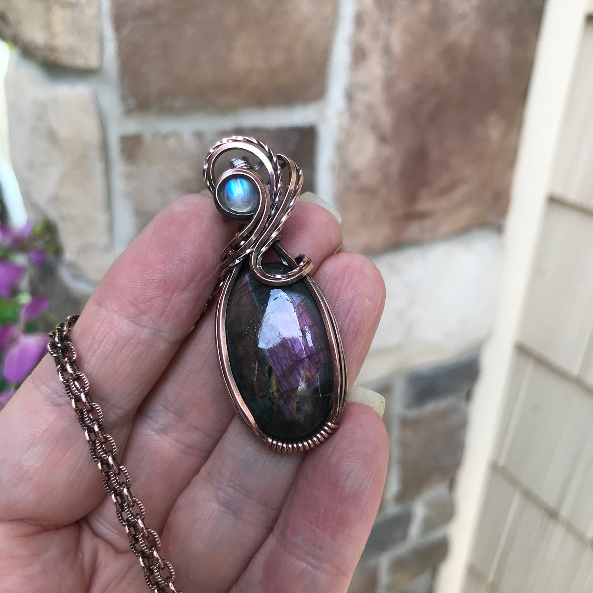 Purple Labradorite & Moonstone Oval Copper Pendant