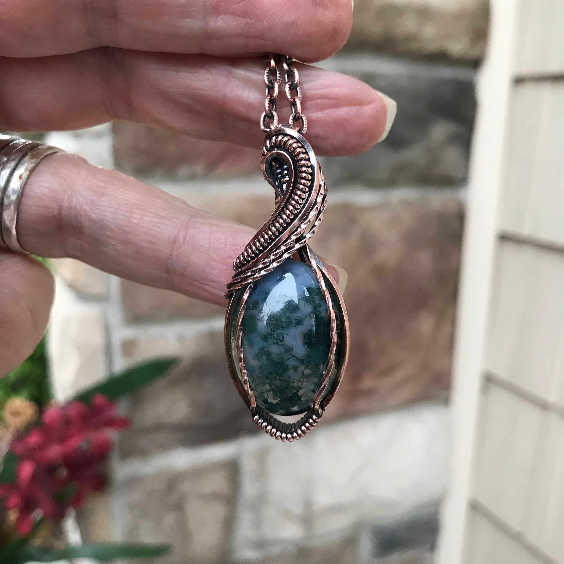 Moss Agate Oval Copper Pendant