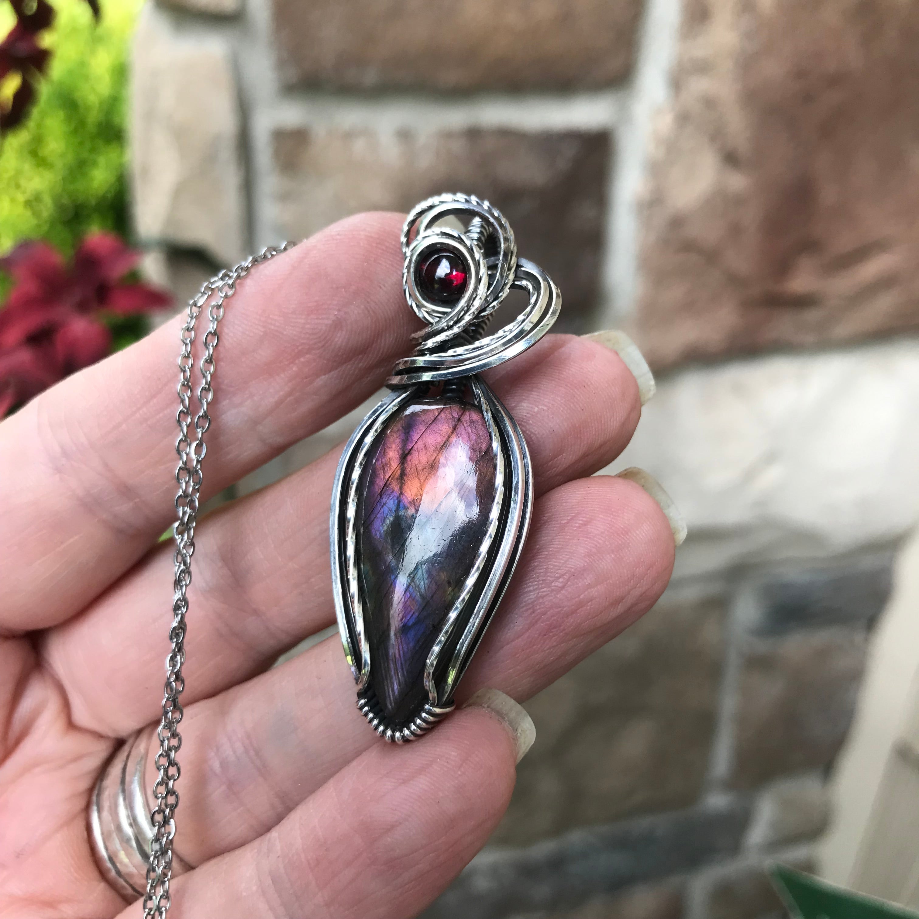 Maroon Amber Labradorite & Garnet Sterling Silver Pendant