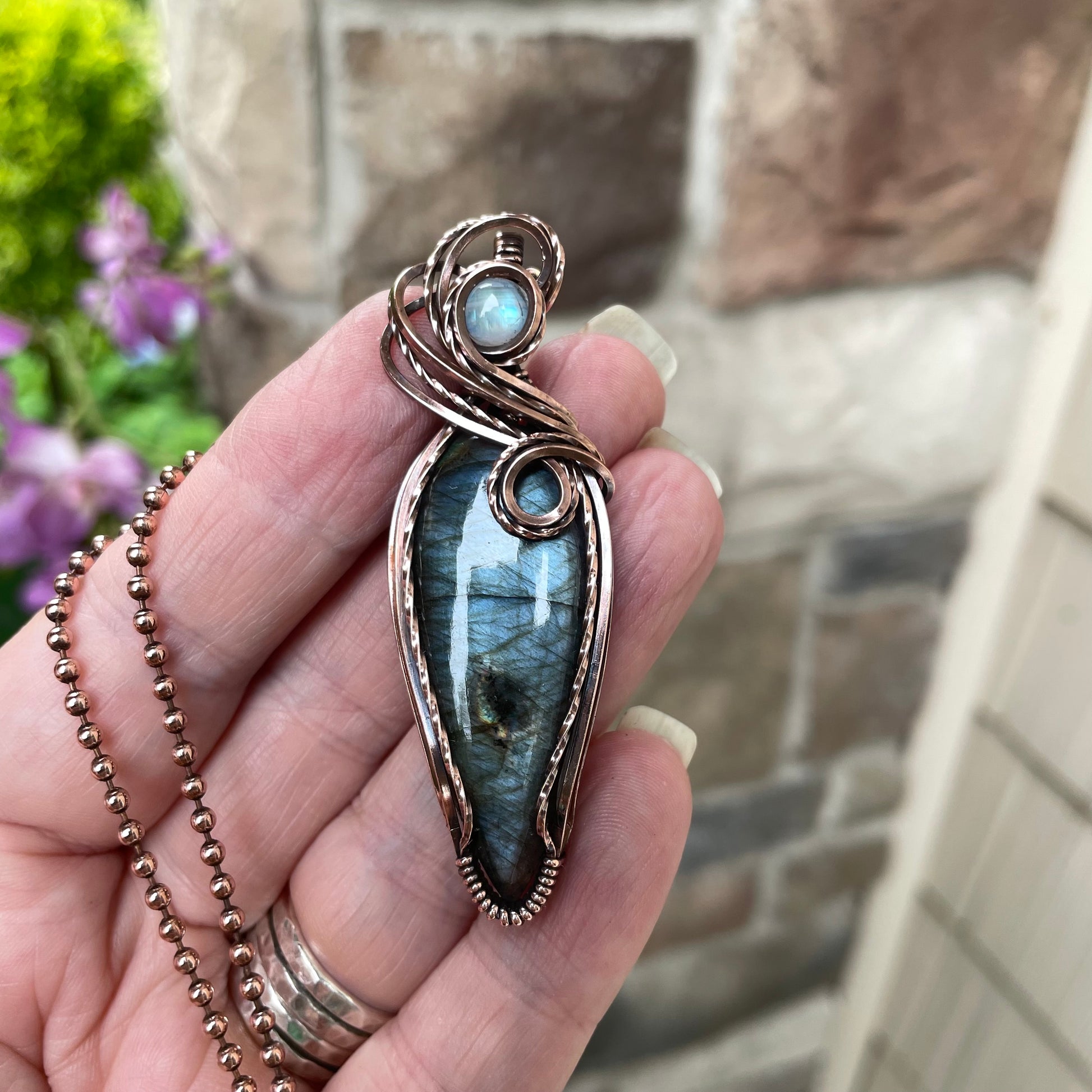 Slate Blue Slender Labradorite & Moonstone Copper Pendant