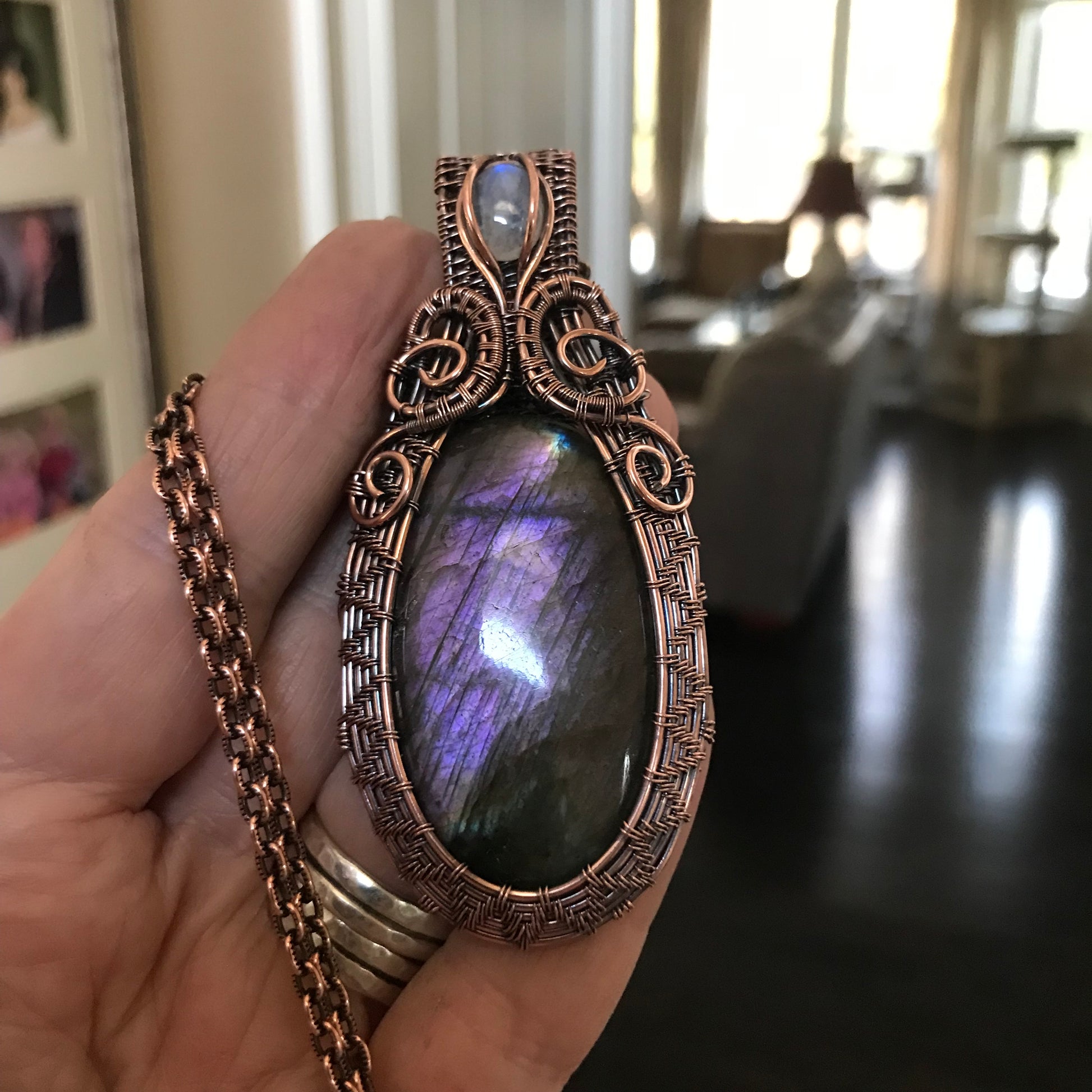 Purple Labradorite & Moonstone Oval Woven Copper Pendant