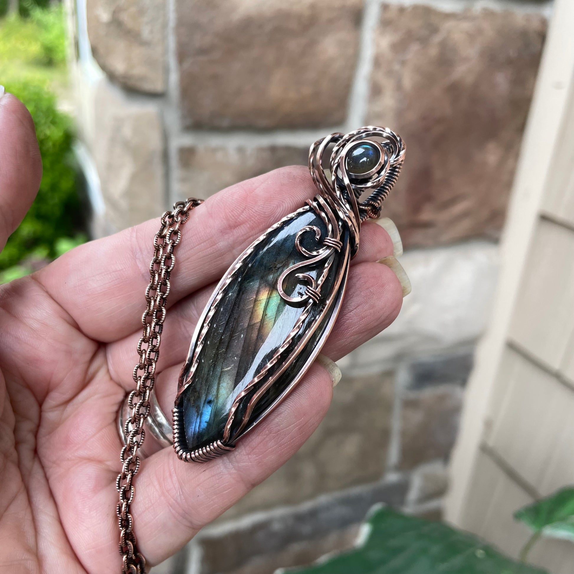 Marquis Rainbow Labradorite & Blue Labradorite Accent Copper Pendant